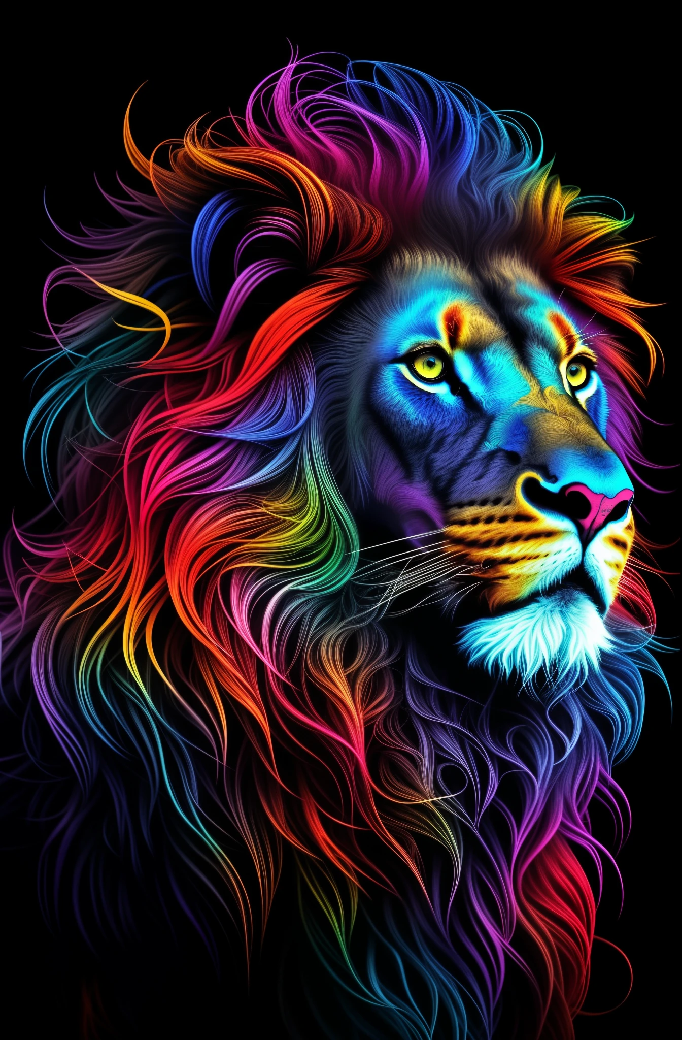 a close up of a lion with a colorful mane on a black background, full of colors and rich detail, with the mane of a lion, fire lion, highly intricate and colorful, colorful hd picure, phone wallpaper hd, amazing wallpaper, the mane of a lion, hd phone wallpaper, detailed beautiful animals, strong and vibrant colors, intricate colorful masterpiece