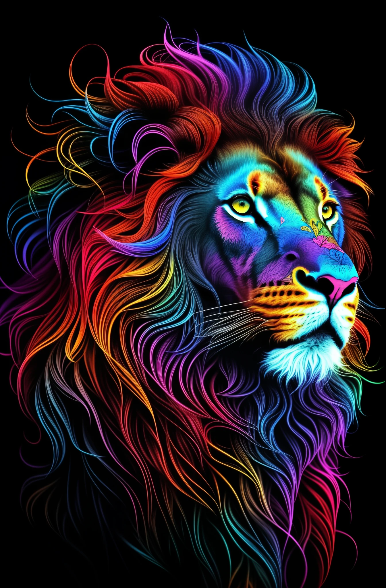 a close up of a lion with a colorful mane on a black background, full of colors and rich detail, with the mane of a lion, fire lion, highly intricate and colorful, colorful hd picure, phone wallpaper hd, amazing wallpaper, the mane of a lion, hd phone wallpaper, detailed beautiful animals, strong and vibrant colors, intricate colorful masterpiece