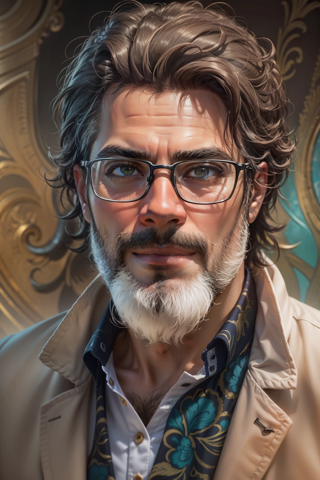 (best quality,4k,8k,highres,masterpiece:1.2),ultra-detailed,(realistic,photorealistic,photo-realistic:1.37),39 year old man,gradient hair,gradient beard,no mustache,strong jawline,sharp features,piercing eyes,intense gaze,distinguished appearance,sophisticated look,wise expression,wisdom and experience,confident smile,stylish outfit,fashionable attire,casual elegance,modern and classy,standing against a colorful abstract background,subtle lighting,soft shadows,rich color palette,vibrant hues,contrasting tones,artistic style,impressionist touch,elegant brushstrokes,texture and depth,realistic rendering,sophisticated details,meticulous attention to facial features,subtle wrinkles and lines,highly defined hair strands,perfectly groomed beard,fine skin texture and pores,detailed clothing folds and patterns,aesthetic composition,balanced and harmonious,fine art quality,painted on a canvas,portrait format,a masterpiece capturing the essence of age and wisdom.