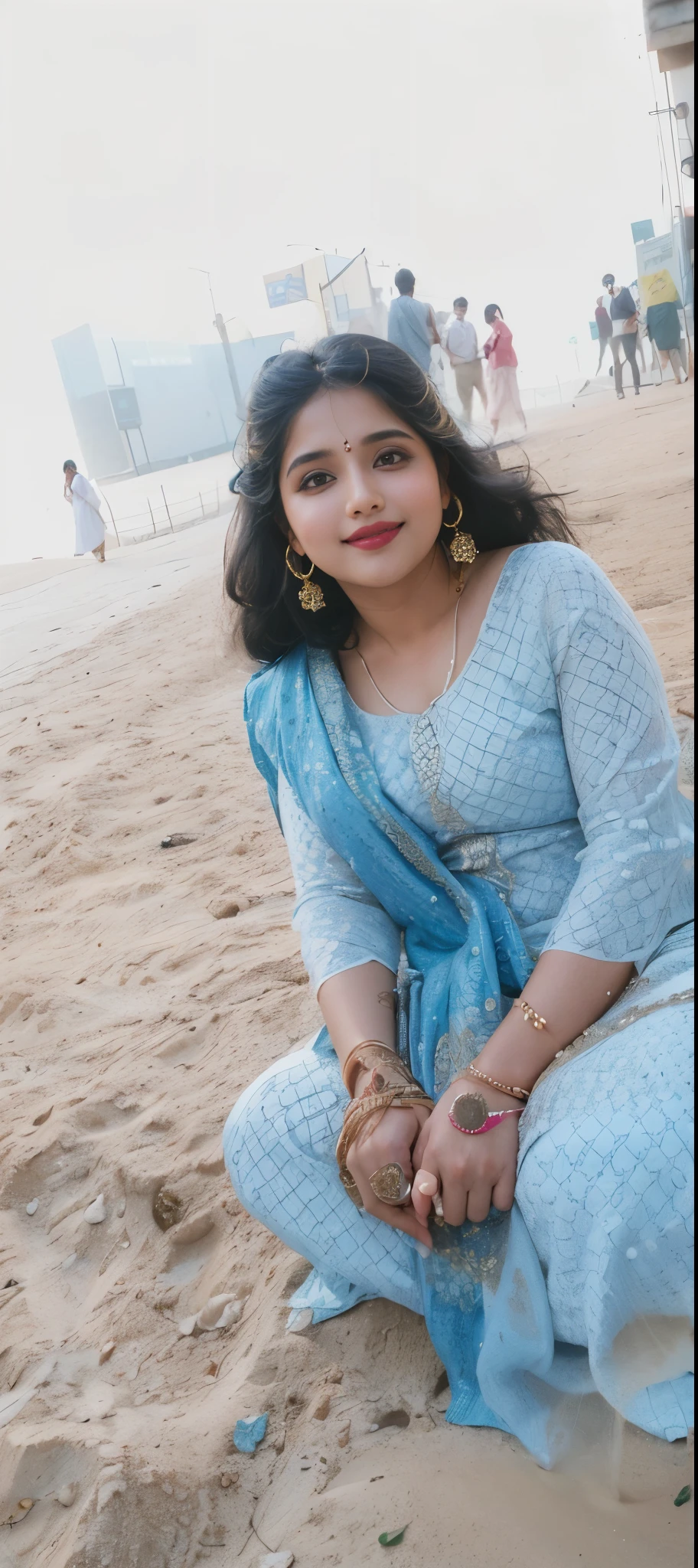 (((desi girl))), cute smile, chubby face, natural skin, wearing hot deep neck top and dupatta, charming black hair, ((hair ends are blonde)), city streets background, bokeh