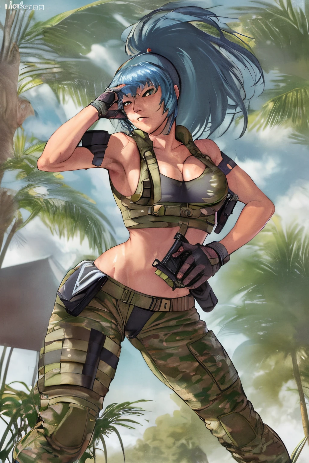 masterpiece, best quality, anime 1990s \(style\, leona heidern, sexy, naked, thong ,open vest., jungle, tactical, pony tail, serious, cammo, army, soldier, blue hair, warfare, war, wet, gloves, sexy pose, jungle girl, perfect hands, five fingers, long hair, tropical, belt.