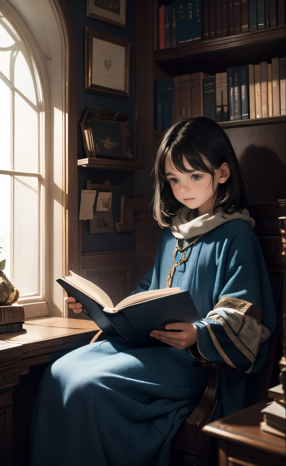 storyteller, child, young 33 years old, dark brown hair, is reading a book and telling the story, dressed as in the atural epoch, minimalist clothing, colors blue, gray, is in a room of a personal library at home, there is a bright light, a cozy atmosphere, atmosphere of charm