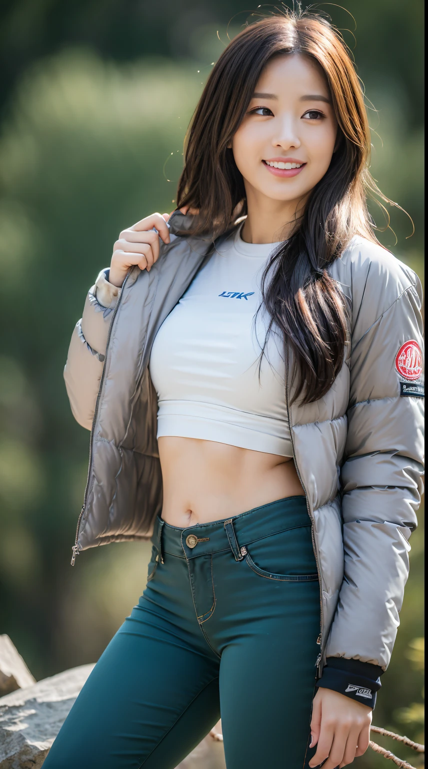 ((Best Picture Quality, 8K, tmasterpiece:1.3)), 1 plump girl, Beautiful woman with slim abs:1.3,Lordosis and Kyphosis， (casual hair), down jacket，Mountaineering pants, Ultra-fine face, A detailed eye, 二重まぶた，ssmile，They want