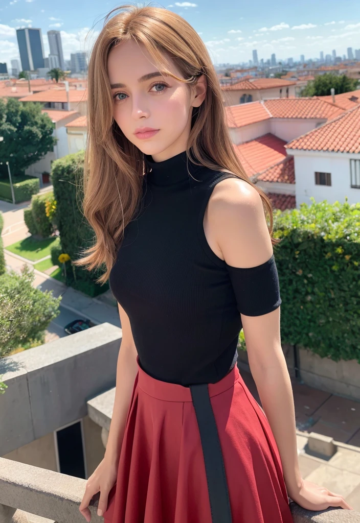1 18 year old girl. Rubia cabello super largo dos colas atadas con un liston rojo. cubriendo sus pezones. sin remera, usando una falda corta de color rojo, medias negras. muslos hermosos. brazos estiradas detras de su cabeza. acostada en la cama. vista desde arriba, ranking:explicito