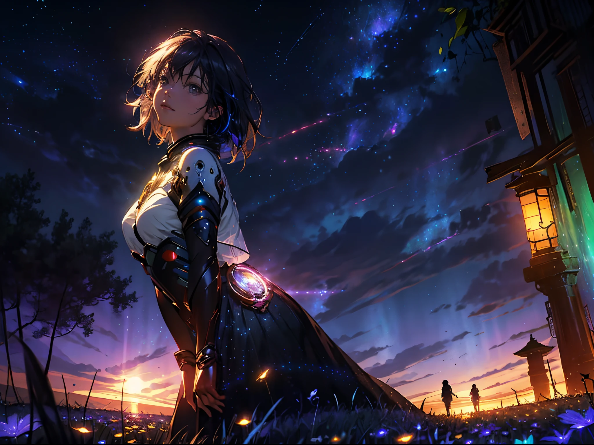 expansive landscape photography, (a bottom view showing the sky above and open country below), a girl standing in a field of flowers looking up, (full moon: 1.2), (shooting stars: 0.9), (nebula : 1.3), distant mountain, BREAK tree production art, (warm light source: 1.2), (Firefly: 1.2), lamp, lots of purple and orange, intricate details, volumetric lighting, BREAK realism (masterpiece: 1.2) , (best quality), 4k, ultra-detailed, (dynamic compositing: 1.4), highly detailed, colorful details, (iridescent colors: 1.2), (bright lighting, atmospheric lighting), dreamy, magical, (solo: 1.2)