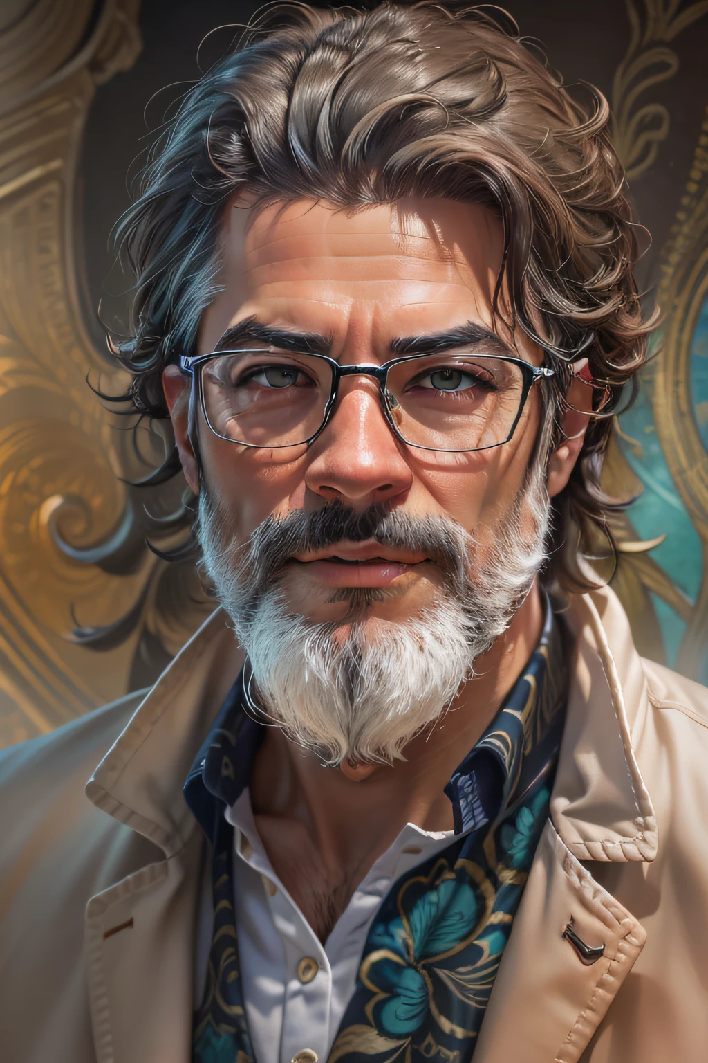 (best quality,4k,8k,highres,masterpiece:1.2),ultra-detailed,(realistic,photorealistic,photo-realistic:1.37),39 year old man,gradient hair,gradient beard,no mustache,strong jawline,sharp features,piercing eyes,intense gaze,distinguished appearance,sophisticated look,wise expression,wisdom and experience,confident smile,stylish outfit,fashionable attire,casual elegance,modern and classy,standing against a colorful abstract background,subtle lighting,soft shadows,rich color palette,vibrant hues,contrasting tones,artistic style,impressionist touch,elegant brushstrokes,texture and depth,realistic rendering,sophisticated details,meticulous attention to facial features,subtle wrinkles and lines,highly defined hair strands,perfectly groomed beard,fine skin texture and pores,detailed clothing folds and patterns,aesthetic composition,balanced and harmonious,fine art quality,painted on a canvas,portrait format,a masterpiece capturing the essence of age and wisdom.