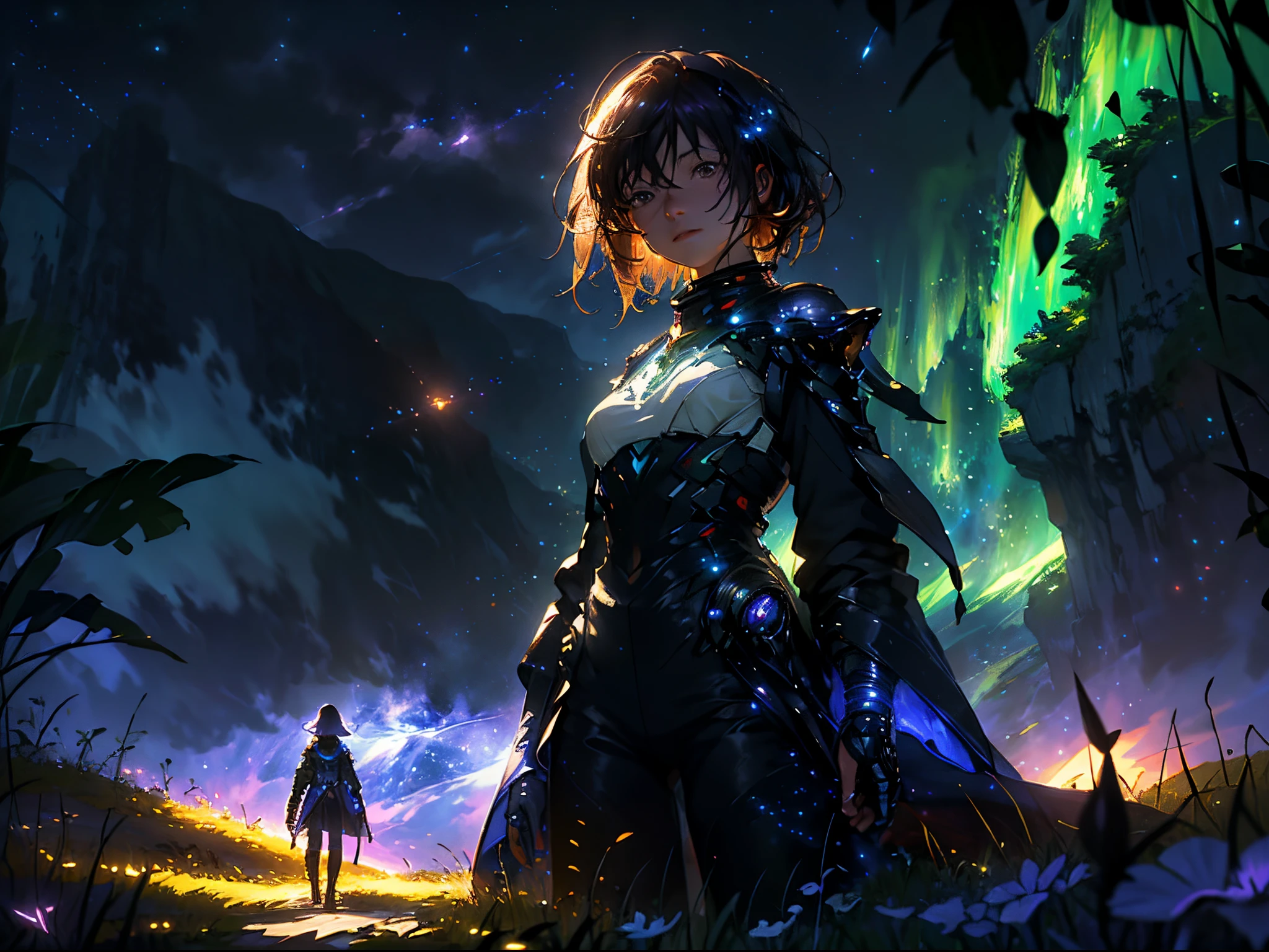 expansive landscape photography, (a bottom view showing the sky above and open country below), a girl standing in a field of flowers looking up, (full moon: 1.2), (shooting stars: 0.9), (nebula : 1.3), distant mountain, BREAK tree production art, (warm light source: 1.2), (Firefly: 1.2), lamp, lots of purple and orange, intricate details, volumetric lighting, BREAK realism (masterpiece: 1.2) , (best quality), 4k, ultra-detailed, (dynamic compositing: 1.4), highly detailed, colorful details, (iridescent colors: 1.2), (bright lighting, atmospheric lighting), dreamy, magical, (solo: 1.2)