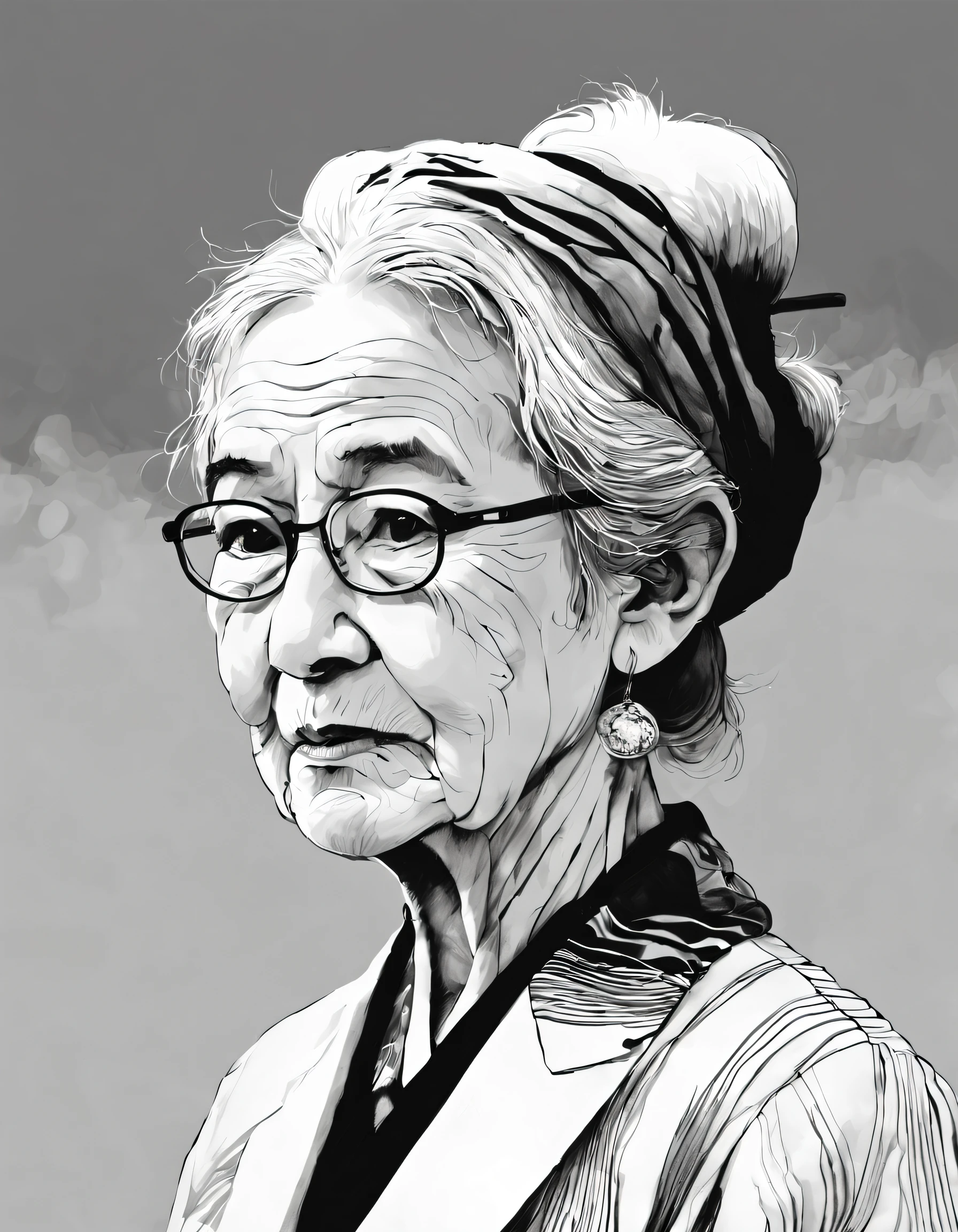 （Portrait of Grandma) ，black and white simple drawing，，undulating lines, Thick and thin lines, line art, Black and white painting, line art,lyrical abstraction, Fountain Pen Art,Gel Pen,crayon art,illuminations，handpainted，beautiful line art, black and white manga style,  comic artstyle, pencil and ink manga, Black and white coloring its beautiful ink line art，