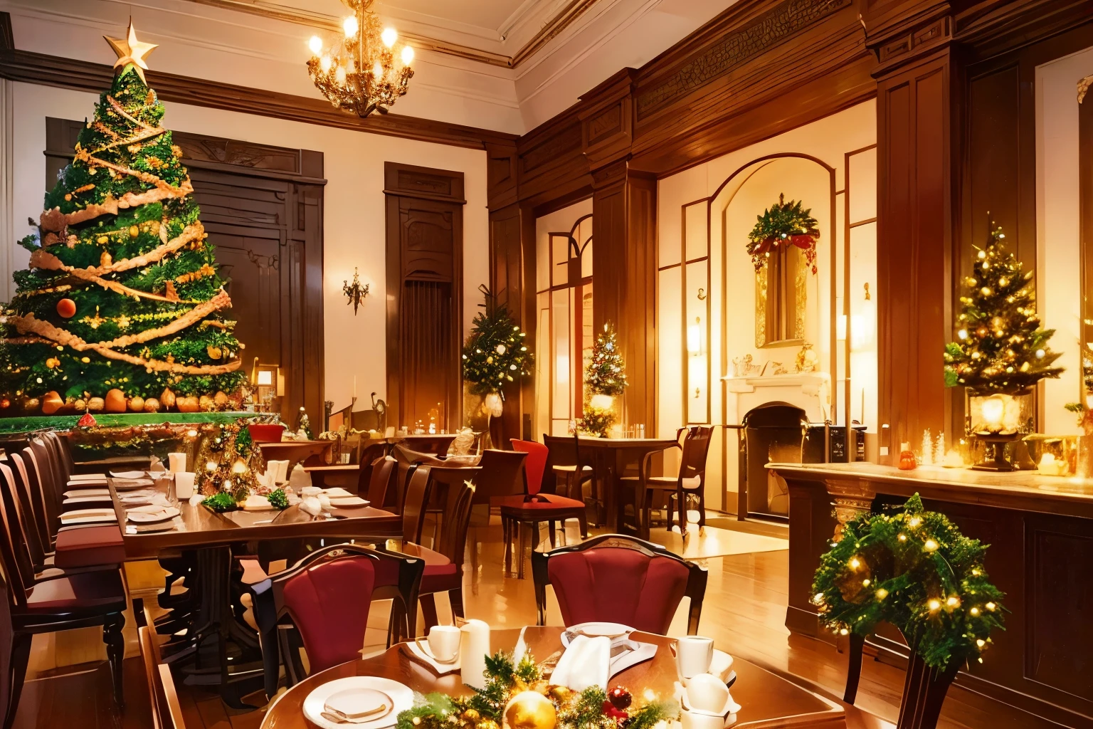 (Official art, Beautiful and aesthetic:1.2),Beautiful Christmas decoration cafe counter,fireplace,Christmas dishes are lined up on the table、