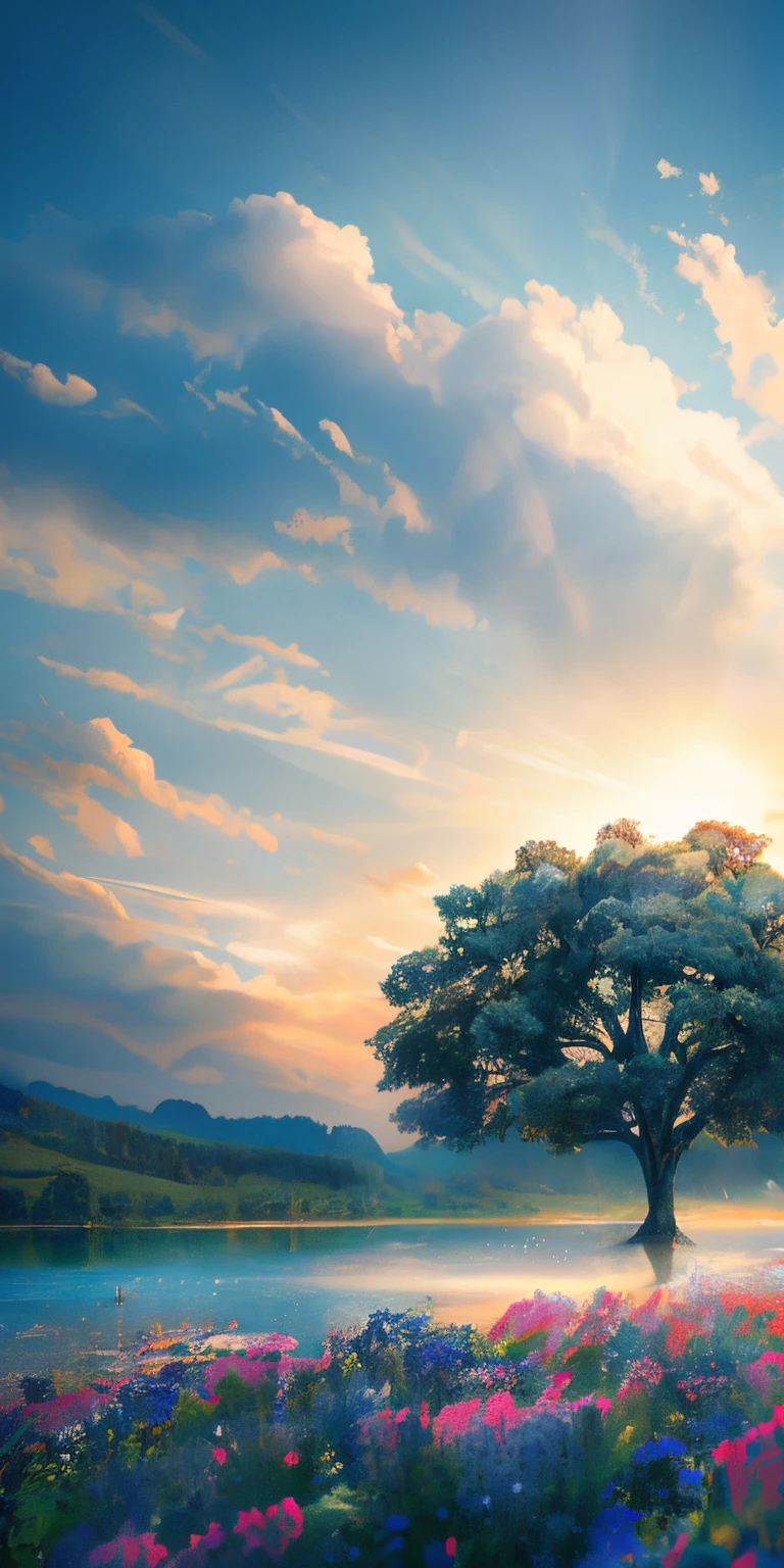 tmasterpiece, Best quality at best, high qulity, extremely detaild的 CG unified 8k wallpapers, scenecy, Outdoor activities, Skysky, clouds, daysies, without humans, mont, The landscape, Eau, The tree, blue-sky, waterfallr, precipice, naturey, lake, flod, mostly cloudy sky,award winning photography, bokeh, depth of fields, HighDynamicRange, full bloom, color difference ,realisticlying,The is very detailed, Hot topics on artstation, Trends on CGSociety, iintricate, high detal, dramatics, halfway art