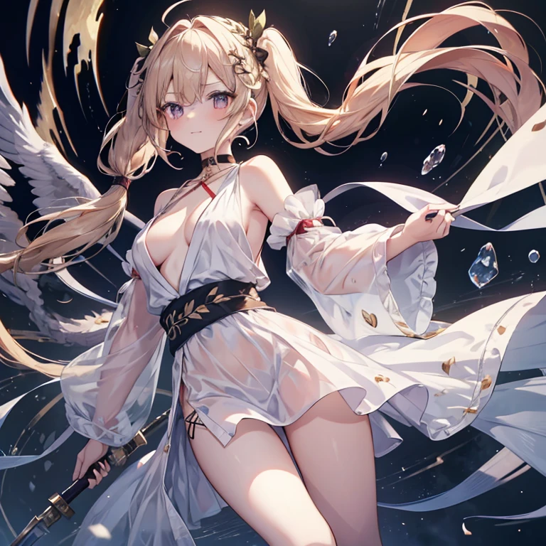 cute female ，greek clothes， peplos， 1girl， nedium breasts， blond hairbl， ahoge,Cute face，Sword，quadratic element，16 ya Asymmetrical hair, Floating hair, hair between eye,Lateral hair, Next to the phoenix,chest tattoo，cleavage，mediuml breasts，upper legs，bandagens，Bare shoulders,florals， hair intakes， looking at viewert，独奏， rosette， jewely， By bangs， hand on hips， ribbons， upper legs， 鎖骨， white backgrounid， ssmile， Separate the sleeves， pigtails， tress ribbon，french braid，simple backgound， Red ribbons， 耳Nipple Ring， longer sleeves， red rose， The mouth， faint blush， long whitr hair， choker necklace,Beautiful，fanciful，dream magical，magia，Magnificent imagination，A high resolution，ultra-delicate，best qualityer,Super refined，tmasterpiece， Best quality at best，Uncensored，Pure