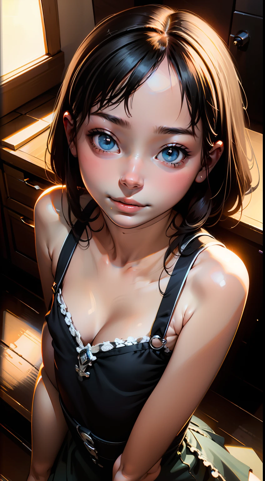 (masterpiece, best quality:1.4), 8k, 85mm, official art, absurdres, (downblouse:1.2), (from above:1.1), violaceaess, cute face, beautiful eyes, camisole, upper body, looking at viewer, short hair, bangs, small head, (smile:0.6), sharp focus, facelight, dynamic lighting, cinematic lighting, dramatic shadow, perspective, depth of field, highres, ultra detailed, finely detail, extremely detailed, detailed eyes and face, sharp pupils, realistic pupils, simple background, small waist, flare skirt