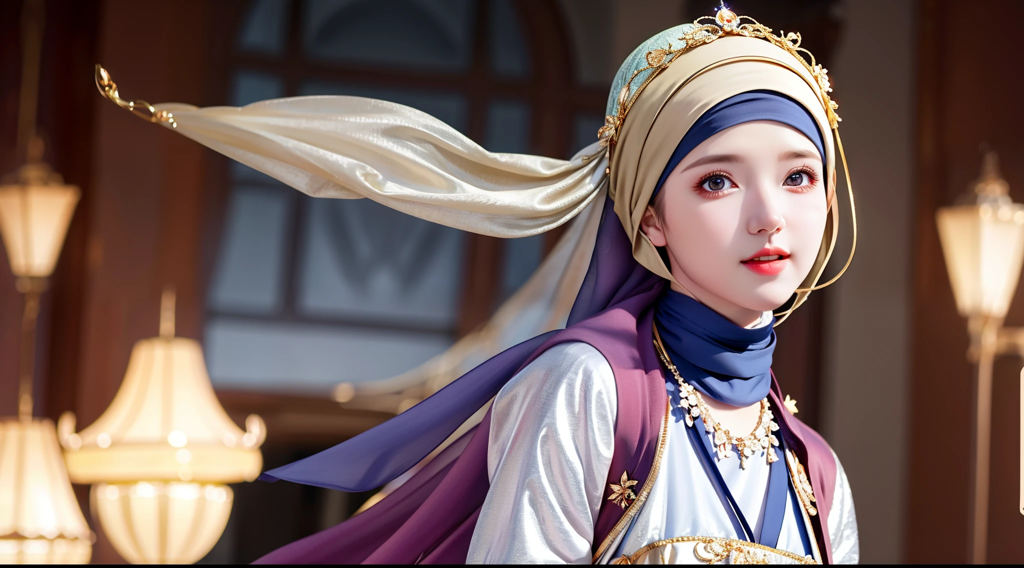 best quality, masterpiece, highres, moslem female dress, necklace, Beautiful face, (upon body from head to waist:1.37), tyndall effect, photorealistic, dark studio, rim lighting, two tone lighting, 8k uhd, dslr, soft lighting, high quality, volumetric lighting, candid, Photograph, high resolution, 4k, 8k, Bokeh, (hyperrealistic girl), (illustration), (high resolution), (extremely detailed), (best illustration), (beautiful detailed eyes), (best quality), (ultra-detailed), (masterpiece), (wallpaper), (photorealistic), (natural light), (rim lighting), (detailed face), (high detailed realistic skin texture), (anatomically correct), (solo), (1 woman), (heterochromic eyes), (detailed eyes), (sparkling eyes), (long legs), (big breasts), (dynamic pose), (concentrated expression), (wearing hijab:1.4), moslem headscarf, reading glasses.