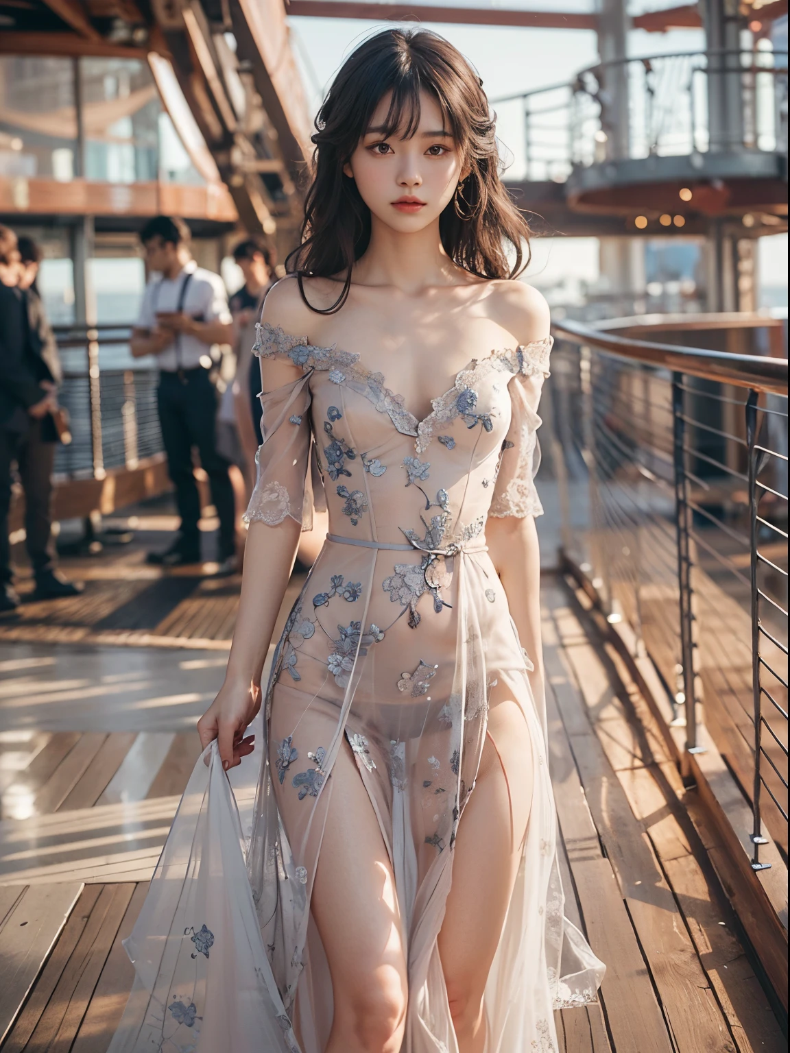 8K, Raw photo, Photorealistic, Realistic, (Detailed skin, Best Quality:1.2), (Japanese college girl standing in Deck of luxury cruise ship, ocean), ((wearing black lace evening dress over naked, off-shoulder, lace, see-through, side slit, long dress)), ((wavy long hair:1.4, one-length hairstyle), (neat face, looking away), (((small chest:1.3))), Fairer skin, thighs