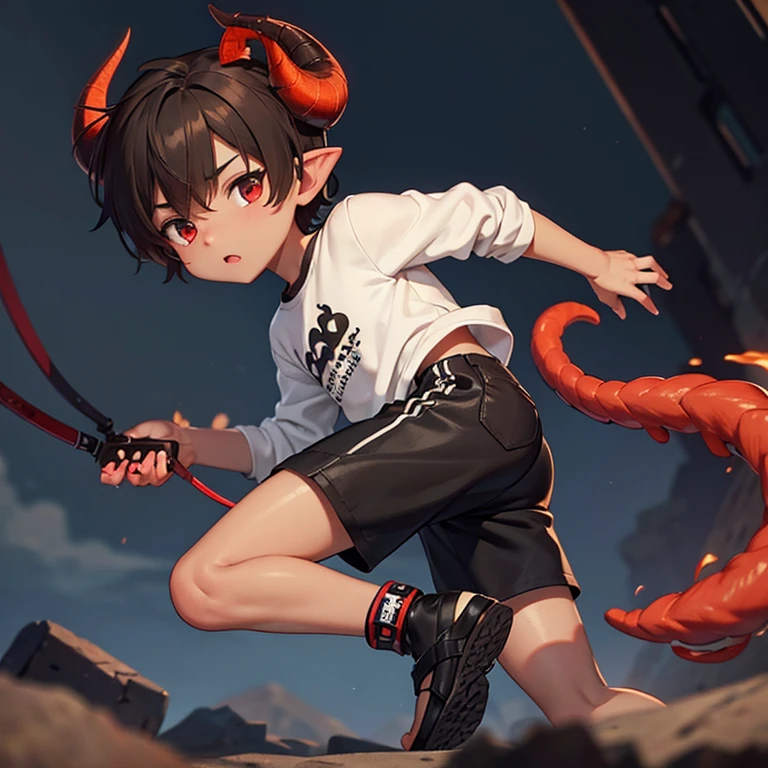 Drake, wearing a white shirt that says Only Dooms and also has a few unique details. wearing black shorts and only wearing sandals. He has short hair, doesn't wear a hat, but has horns behind his ears that are black and at the tip of the horns are blood red. It also has a rear tail that is very similar to a plug cable. The cable is quite small. Light Brown skin color And sometimes he can change his skin to black to prepare to attack. Drake is a small boy