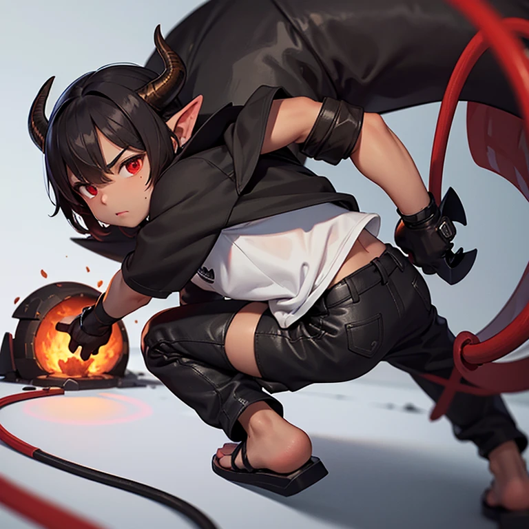 Drake, wearing a white shirt that says Only Dooms and also has a few unique details. wearing black shorts and only wearing sandals. He has short hair, doesn't wear a hat, but has horns behind his ears that are black and at the tip of the horns are blood red. It also has a rear tail that is very similar to a plug cable. The cable is quite small. Light Brown skin color And sometimes he can change his skin to black to prepare to attack. Drake is a small boy
