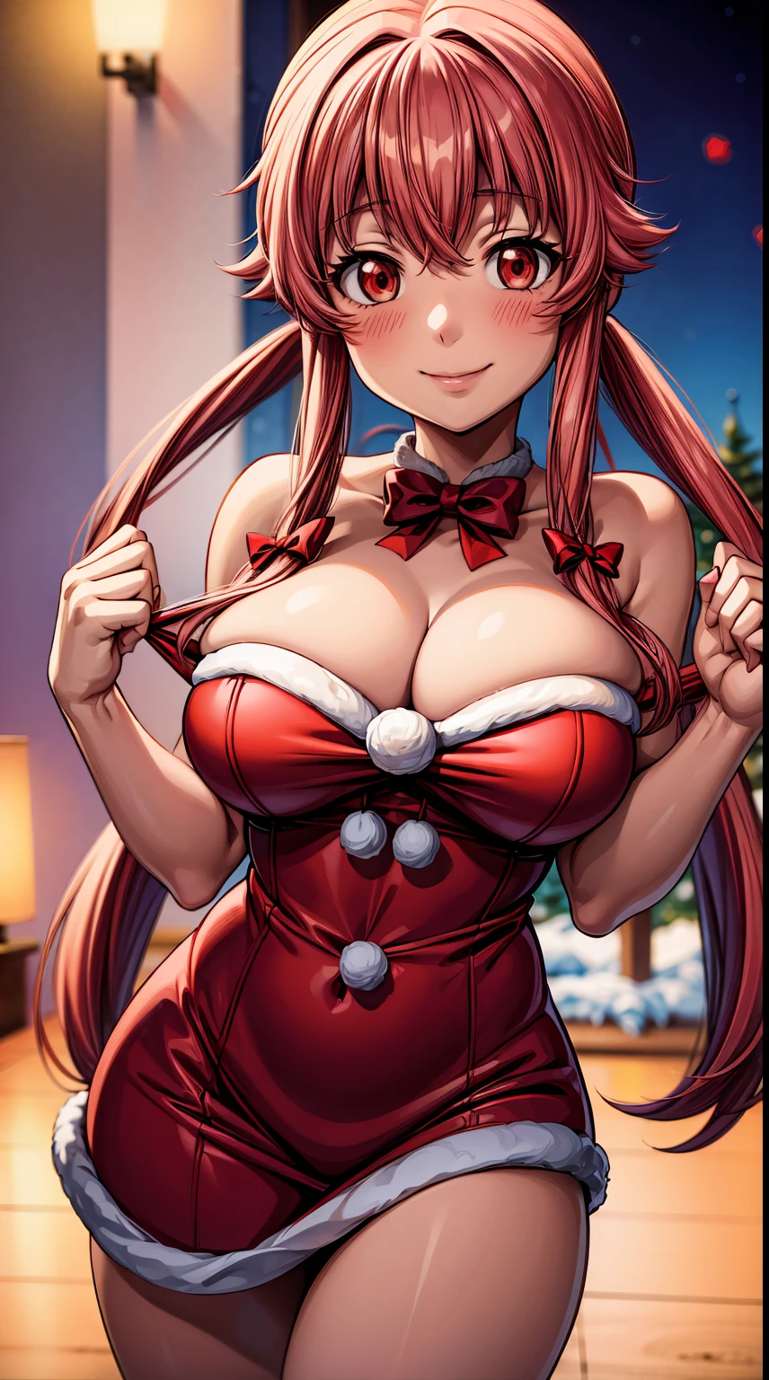 Yuno Gasai in a sexy Santa Claus costume. Realistisch, (large breasts:1.5), red eyes, smile, happy,