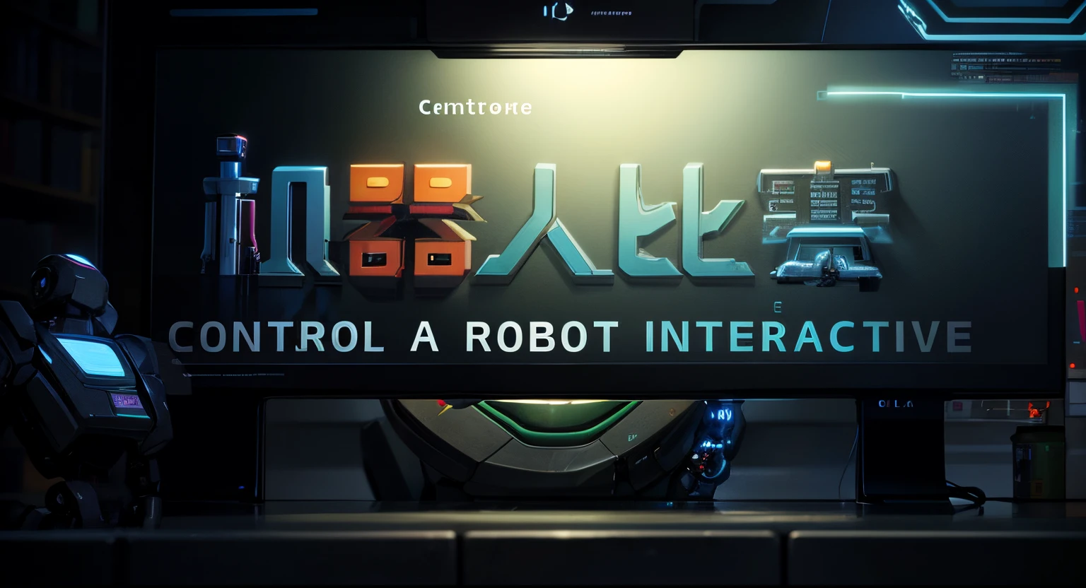 Image of a robot with the words "Control robot interaction", the most advanced humanoid robot, view is centered on the robot, droid, interface, Popular topics on cgstation, control, Integrated synthetic robot, friendly humanoid insect robot, Robotic, front cover of a new video game, Human-machine interface, friendly humanoid cyber robot