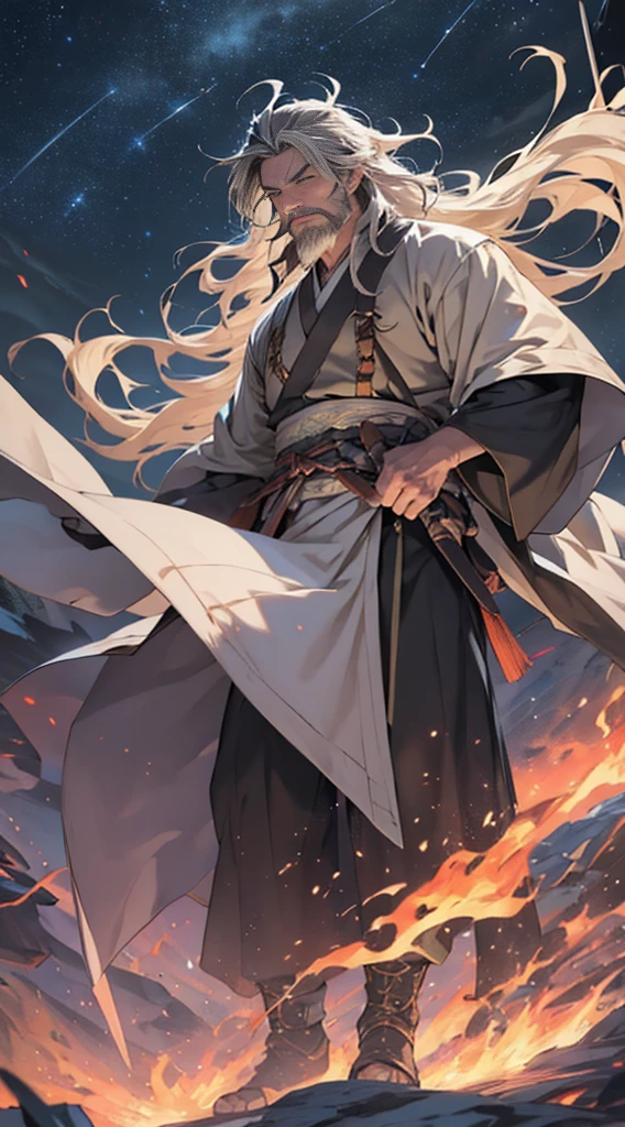 A determined 50-year-old man，Long messy hair， sbeard，Hanfu，Lee Valley, Quickly retreat to position 50,000 meters from Jusha., Determined gaze, Surrounded by a vast space backdrop and twinkling stars, , 32K, Best quality, tmasterpiece, super detailing, high detal,