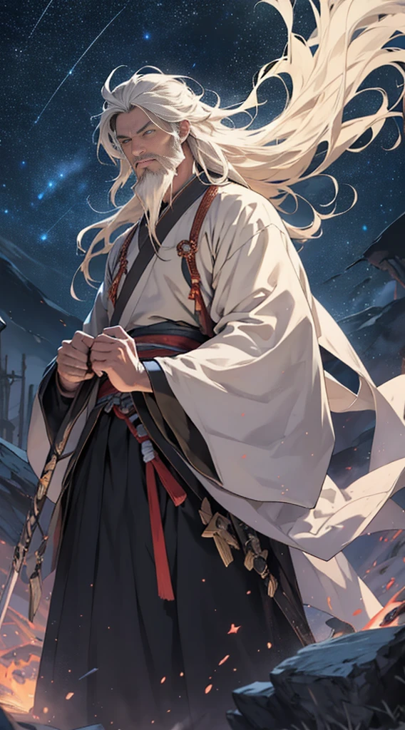 A determined 50-year-old man,Long messy hair, sbeard,Hanfu,Lee Valley, Quickly retreat to position 50,000 meters from Jusha., Determined gaze, Surrounded by a vast space backdrop and twinkling stars, , 32K, Best quality, tmasterpiece, super detailing, high detal,