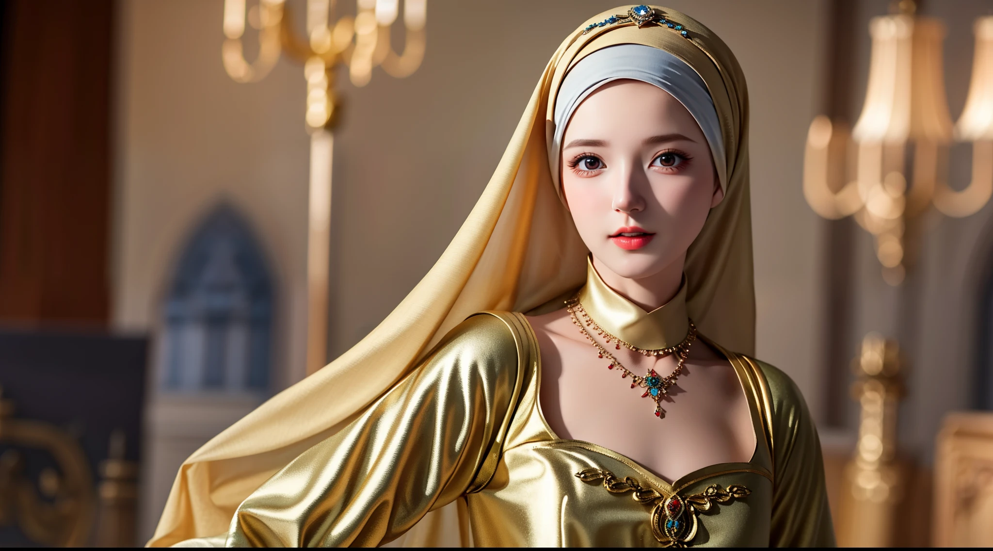 best quality, masterpiece, highres, moslem female dress, necklace, Beautiful face, (upon body from head to waist:1.37), tyndall effect, photorealistic, dark studio, rim lighting, two tone lighting, 8k uhd, dslr, soft lighting, high quality, volumetric lighting, candid, Photograph, high resolution, 4k, 8k, Bokeh, (hyperrealistic girl), (illustration), (high resolution), (extremely detailed), (best illustration), (beautiful detailed eyes), (best quality), (ultra-detailed), (masterpiece), (wallpaper), (photorealistic), (natural light), (rim lighting), (detailed face), (high detailed realistic skin texture), (anatomically correct), (solo), (1 woman), (heterochromic eyes), (detailed eyes), (sparkling eyes), (long legs), (big breasts), (dynamic pose), (concentrated expression), (wearing hijab:1.4), moslem headscarf, reading glasses.