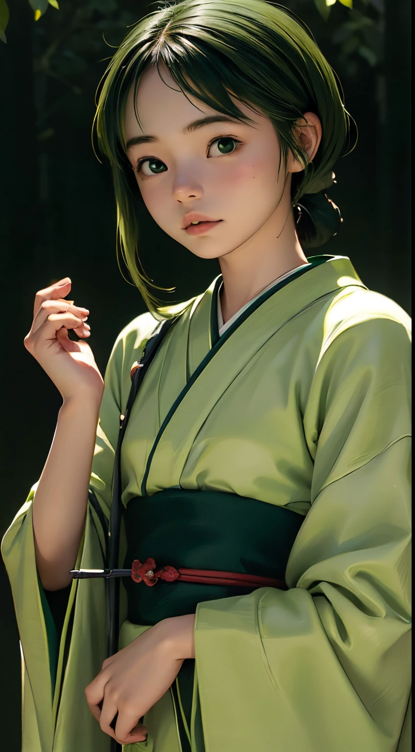 (((Green world:1.3)))、Best Quality, masutepiece, High resolution, (((1girl in))), sixteen years old,(((Eyes are green:1.3)))、Yamato Nadeshiko wears kimono beautifully、((12 Simple、traditional junihitoe)), Tindall Effect, Realistic, Shadow Studio,Ultramarine Lighting, dual-tone lighting, (High Detail Skins: 1.2)、Pale colored lighting、Dark lighting、 Digital SLR, Photo, High resolution, 4K, 8K, Background blur,Fade out beautifully、Green world