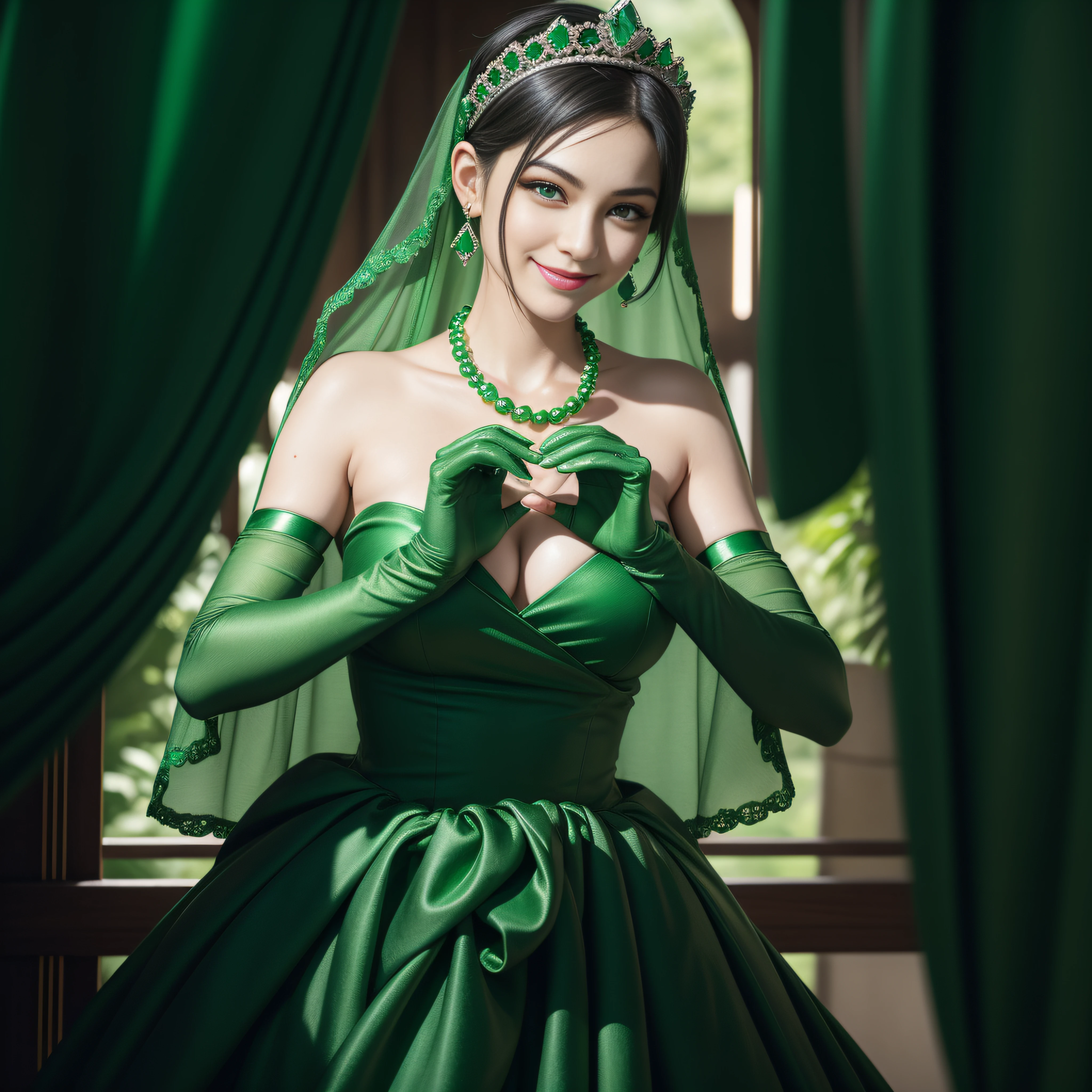 emerald tiara, Green Pearl Necklace, ボーイッシュな非常に短いGreen hair, lipsticks, Japan woman smiling, very short short hair, big breasts beautiful, Green eyes, Long green gloves made of satin material, Green eyes, Emerald Earrings, green vale, 両Heart in the hand, Heart in the hand, Green hair