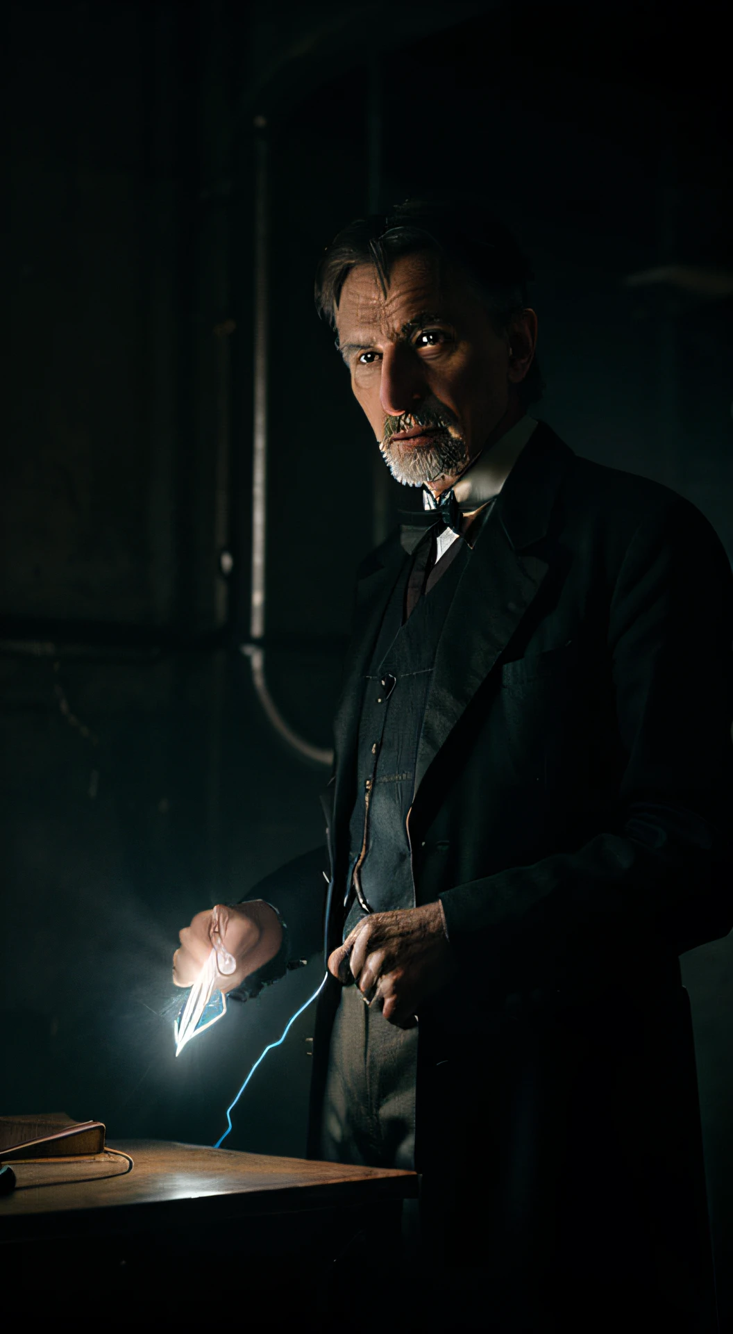 Nikola Tesla: The Unknown Genius Who Enlightened the World, old Nikola Tesla, old man, electricity, cinematographic image, neon lights, cinematic, Nicola Tesla looking old, lightning, electric currents