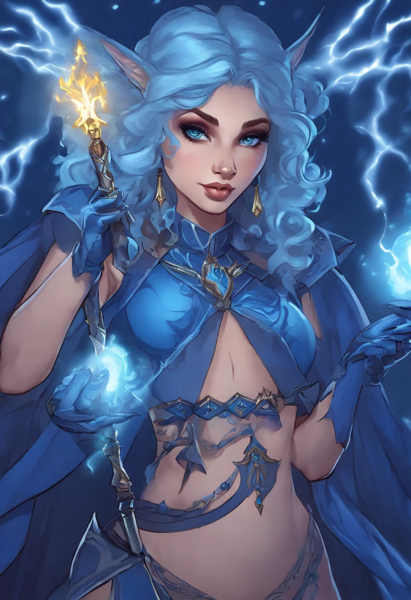 Close up of cartoon character holding magic wand, Blue-skinned elves, Portrait of the Arcane Hex, blue djinn, arcane bad luck, Arcane curse, commission for high resolution, Color line drawings, Blue skin, Holy robot necromancer girl, Blue-skinned elves, Human Leopard Warlock Witch, Magic User, League of Legends skins
