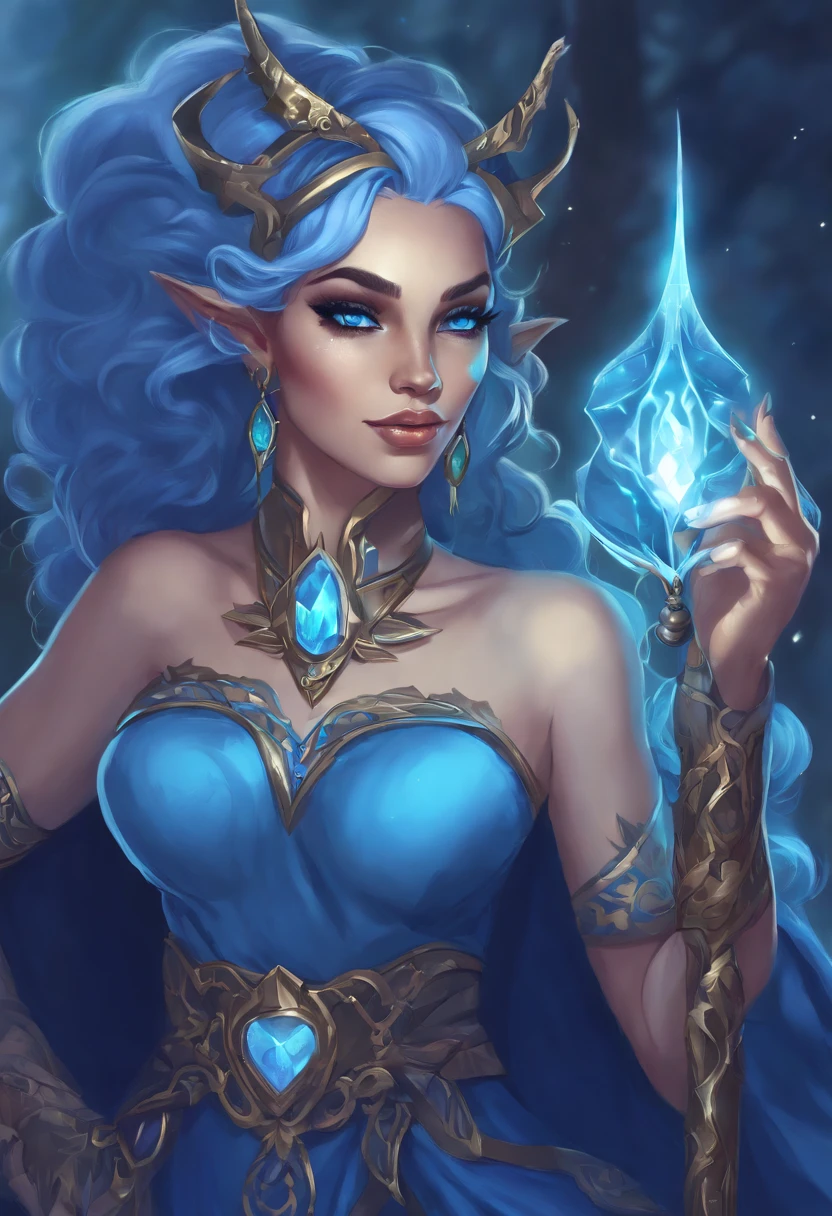 Close up of cartoon character holding magic wand, Blue-skinned elves, Portrait of the Arcane Hex, blue djinn, arcane bad luck, Arcane curse, commission for high resolution, Color line drawings, Blue skin, Holy robot necromancer girl, Blue-skinned elves, Human Leopard Warlock Witch, Magic User, League of Legends skins