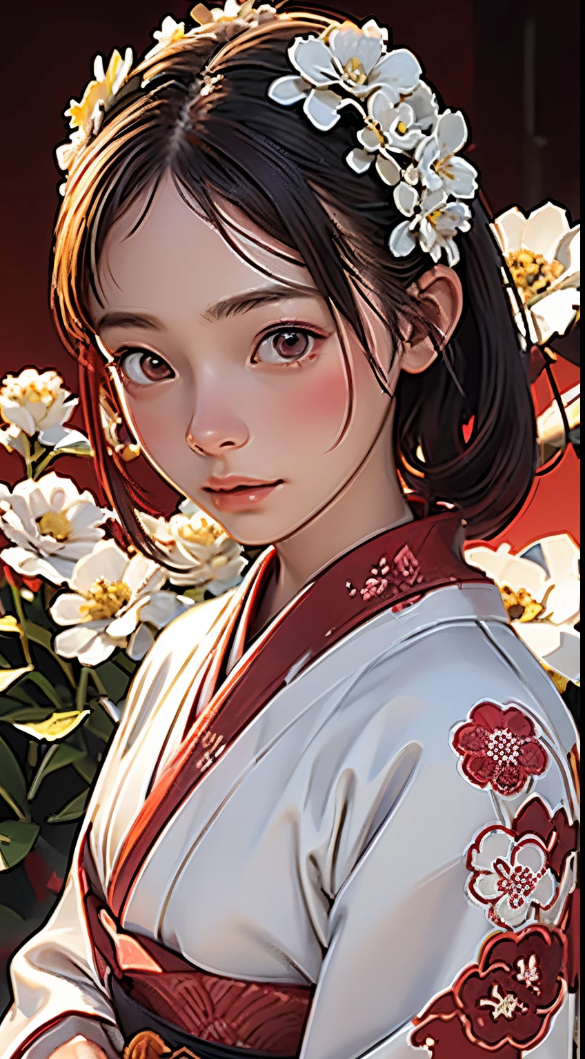 The background is a world of white flowers、Best Quality, masutepiece, High resolution, (((1girl in))), ,Red Eyes、Dark red kimono、((Dark red floral kimono)), Tindall Effect, Realistic, Shadow Studio, Red lighting, dual-tone lighting, (High Detail Skins: 1.2) Digital SLR, Photo, High resolution, 4K, 8K, Background blur,Fade out beautifully、The background is a world of white flowers