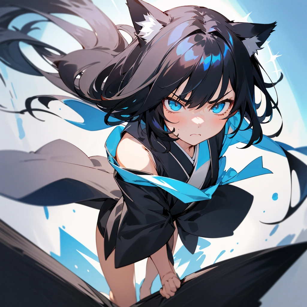 1 girl,(Black and semi-long hair)(beautiful hairl), actor, Out of sorts, Best quality, tmasterpiece,1 girl with black short hair and cat ears,blue light,Black dress,blurryforeground,head-shot,Look at the camera from the bottom up,above shoulder,Angry,japanese manga,Sateen,yuki,icey