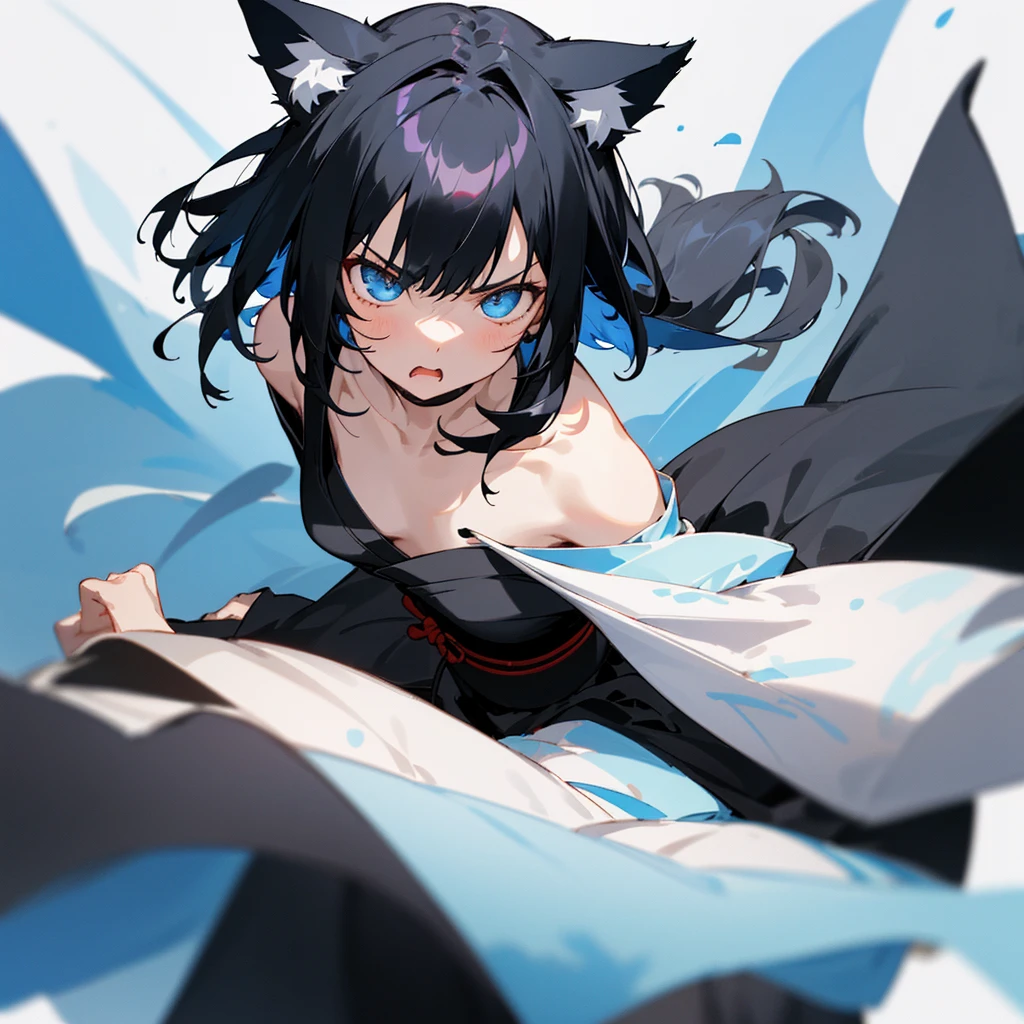 1 girl,(Black and semi-long hair)(beautiful hairl), actor, Out of sorts, Best quality, tmasterpiece,1 girl with black short hair and cat ears,blue light,Black dress,blurryforeground,head-shot,Look at the camera from the bottom up,above shoulder,Angry,japanese manga,Sateen,yuki,icey