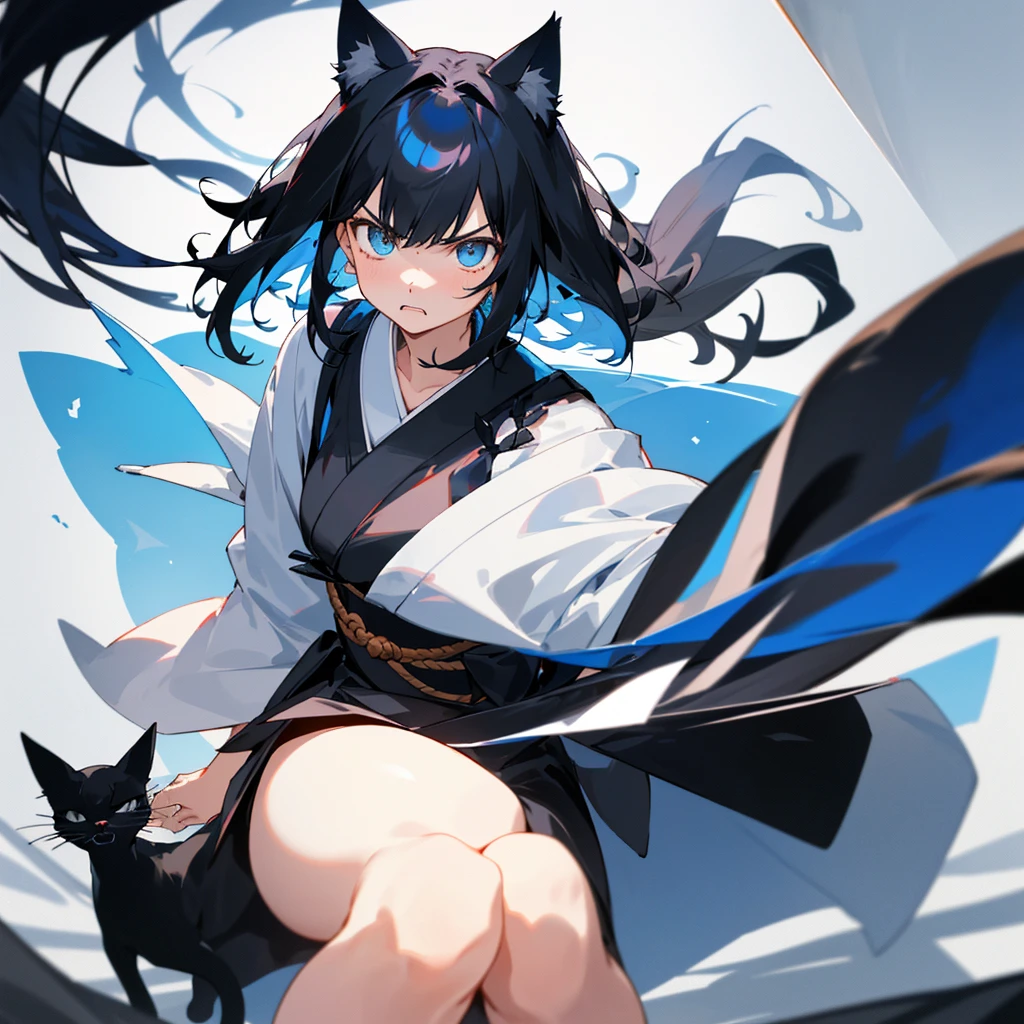 1 girl,(Black and semi-long hair)(beautiful hairl), actor, Out of sorts, Best quality, tmasterpiece,1 girl with black short hair and cat ears,blue light,Black dress,blurryforeground,head-shot,Look at the camera from the bottom up,above shoulder,Angry,japanese manga,Sateen,yuki,icey