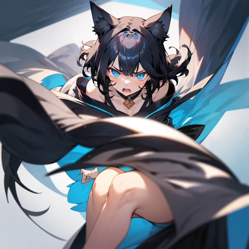 girl with half kitsune and half human features, wearing blue clothes and having dark grey hair. She has a pretty face. The image should be in 8k high resolution.