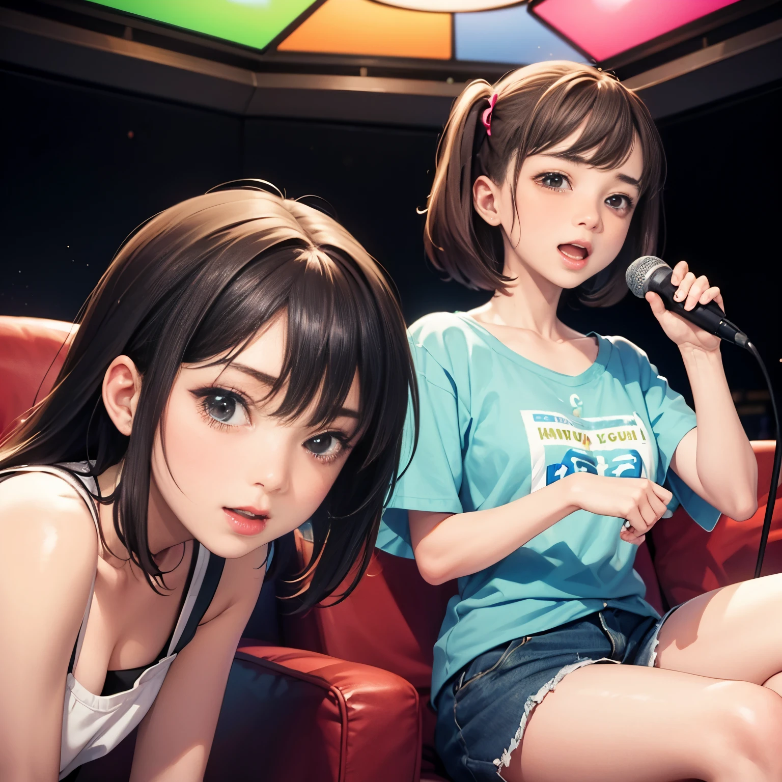 two nice girls are sitting next to each other。, sing karaoke using a microphone.,both are super cute,2 types: Boyish girls and girly girls,Both wear casual clothes typical of  high school students...Accurately drawn face,Singing happily.tre anatomically correct,perfectly proportions,Precise fingers,perfect companion,sitting on the sofa in the karaoke box,​masterpiece,hiquality,