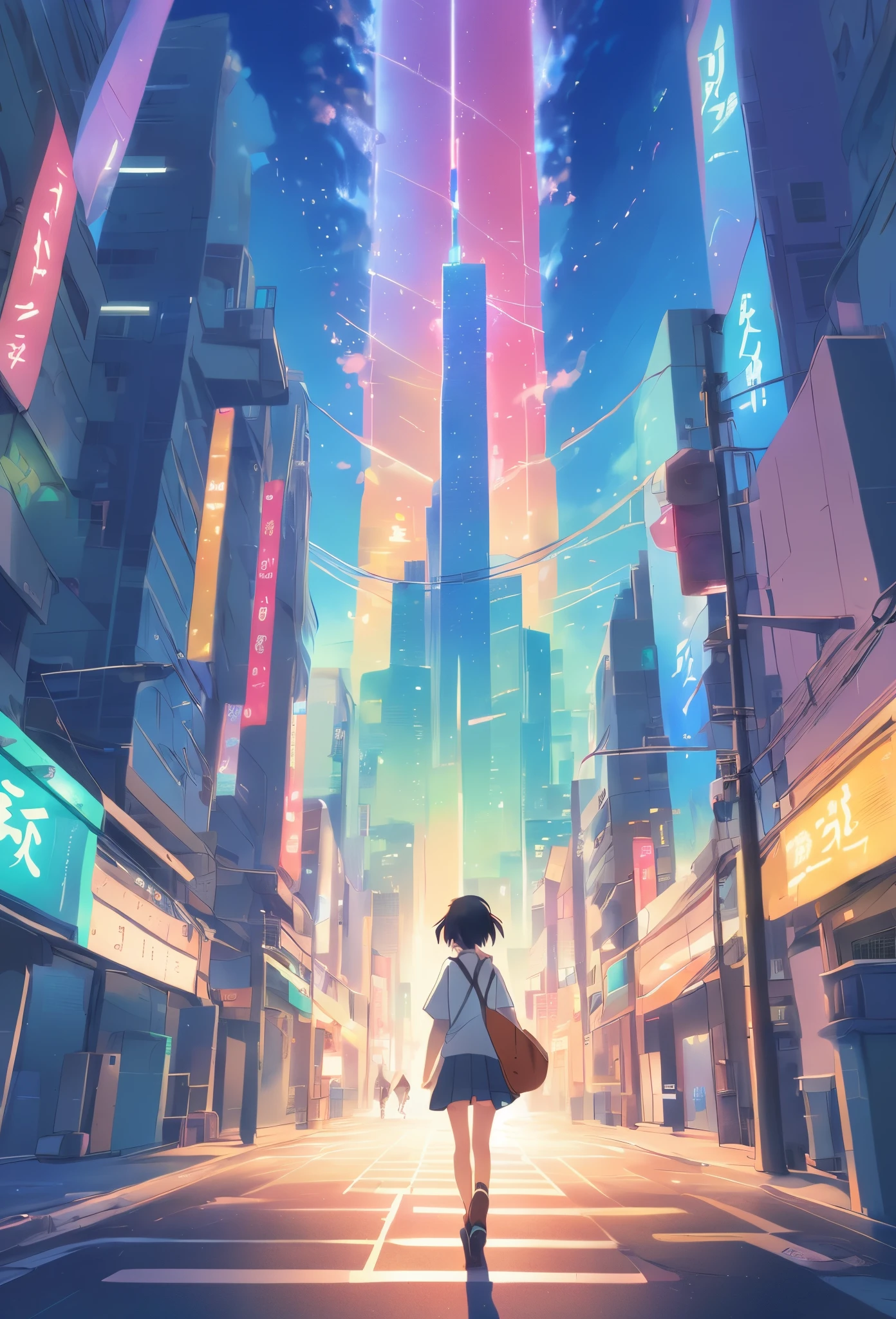 Anime girl walking on city street with backpack in hand, Anime art wallpaper 4k, Anime art wallpaper 4k, Anime art wallpaper 8 K, makoto shinkai cyril rolando, anime style cityscape, Anime style 4k, Anime wallpaper 4k, Anime wallpaper 4k, 4k anime wallpapers, tokyo anime anime scene, in front of a sci fi cityscape