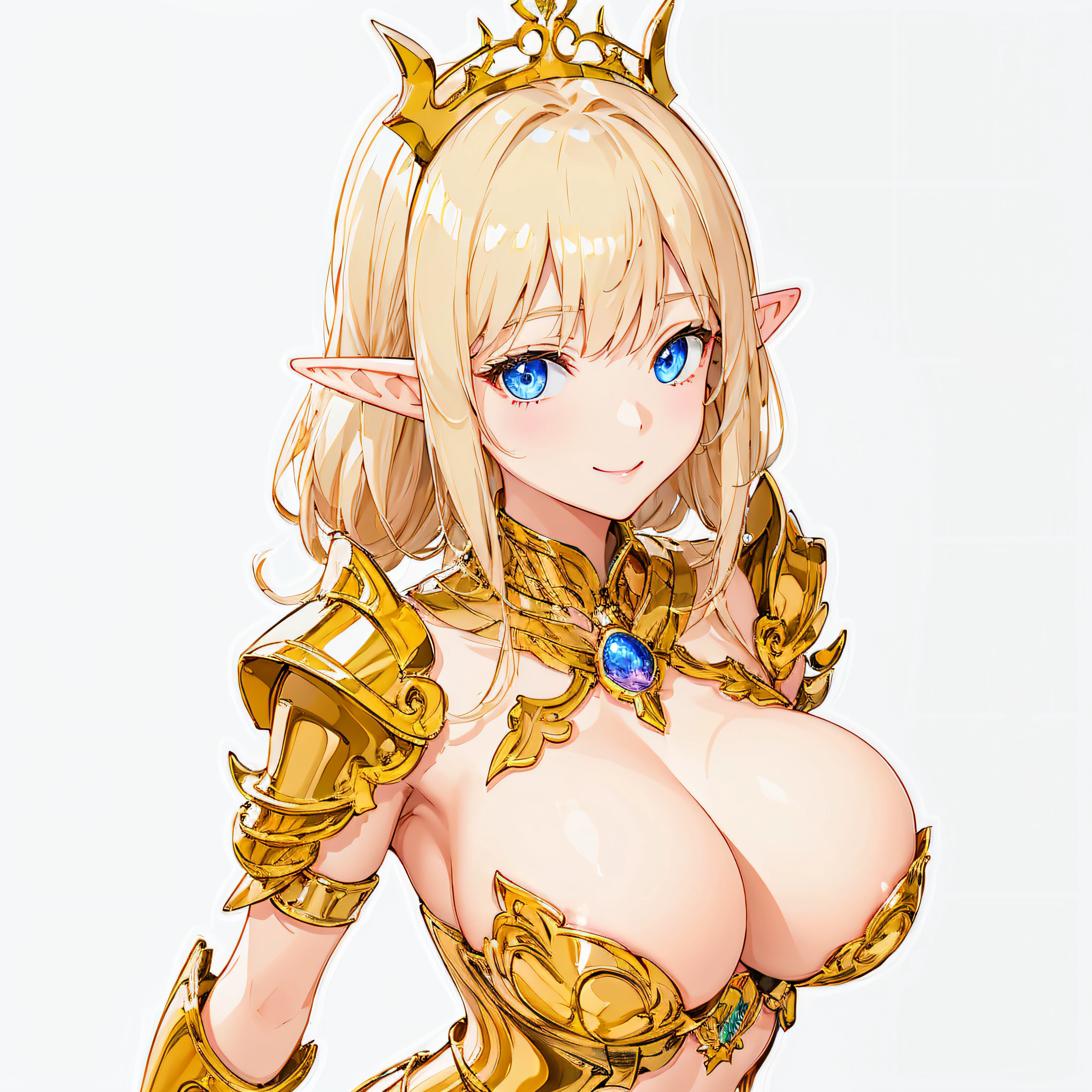 ​masterpiece、top-quality、ighly detailed、hight resolution、１６ｋ、fullnude、teats、Boob proportions、golden armour、Very thin skirt、Black pants、Full body like、Very white skin、Beautiful fingers、Anime girl with very big breasts posing naked、Perfect Style、elvish、no-bra、Blonde blue-eyed、A smile、An elf girl