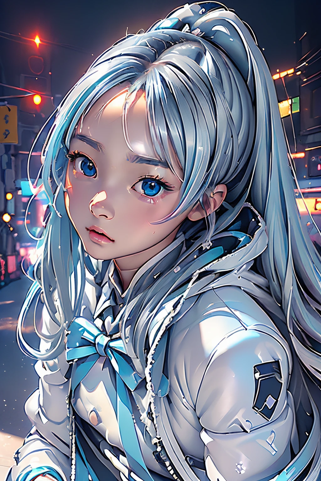 (extraordinary、Best-aesthetic、new、newest、best qualtiy、​masterpiece、A highly detailed、animesque、waifu:1.2) Break 1 Girl, 独奏, silber hair, blue eyess, White jacket, a street, natta, Neon light,miku hatsune