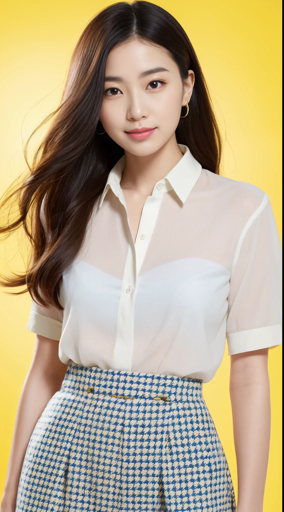 Beautiful Japan Woman, Nice perfect face with soft skin, Small face with nose and lips like a rose, Beautiful eyes, Beautiful smile. Black, Thin and long beautiful hair wrapped in a bright and etheric shine. Gradient Highlight Greige Layer Loose Fluffy Medium Hairstyle, Navy Band Collar Shirt× Houndstooth Yellow Flared Skirt, Bright neon colorful background, Ultra realistic women pictures, High quality high-resolution 8K masterpiece