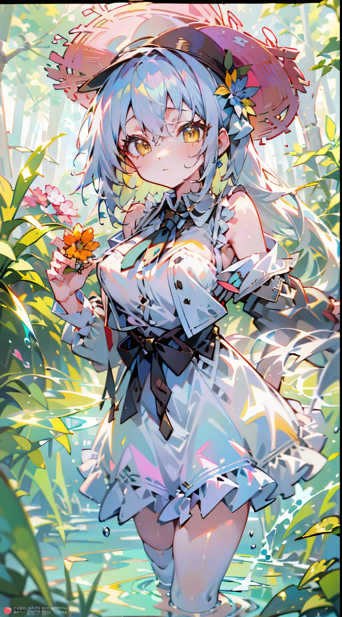 masterpiece, best quality, ultra-detailed, illustration, abstract, innovative, experimental, unique, over exposed, 1girl, solo,loli,outdoors, twin ponytails, silver hair, yellow eyes, vivid color, blue:0.8, white collared dress, white thighhighs, bolo tie, collar, straw hat, sunny, stream, water, orange:0.4, pink:0.8, flower, leaf, ((blurry foreground)), great view, looking at viewer, watercolor \(medium\), Mid-range, colorized, art by Cornflower, dreamy, full body, beautiful detailed eyes ,elegant eyelashes, beautiful detailed face, (an extremely delicate and beautiful) , studio photography, extremely detailed wallpaper, (backlighting:0.6),(covered nipples)