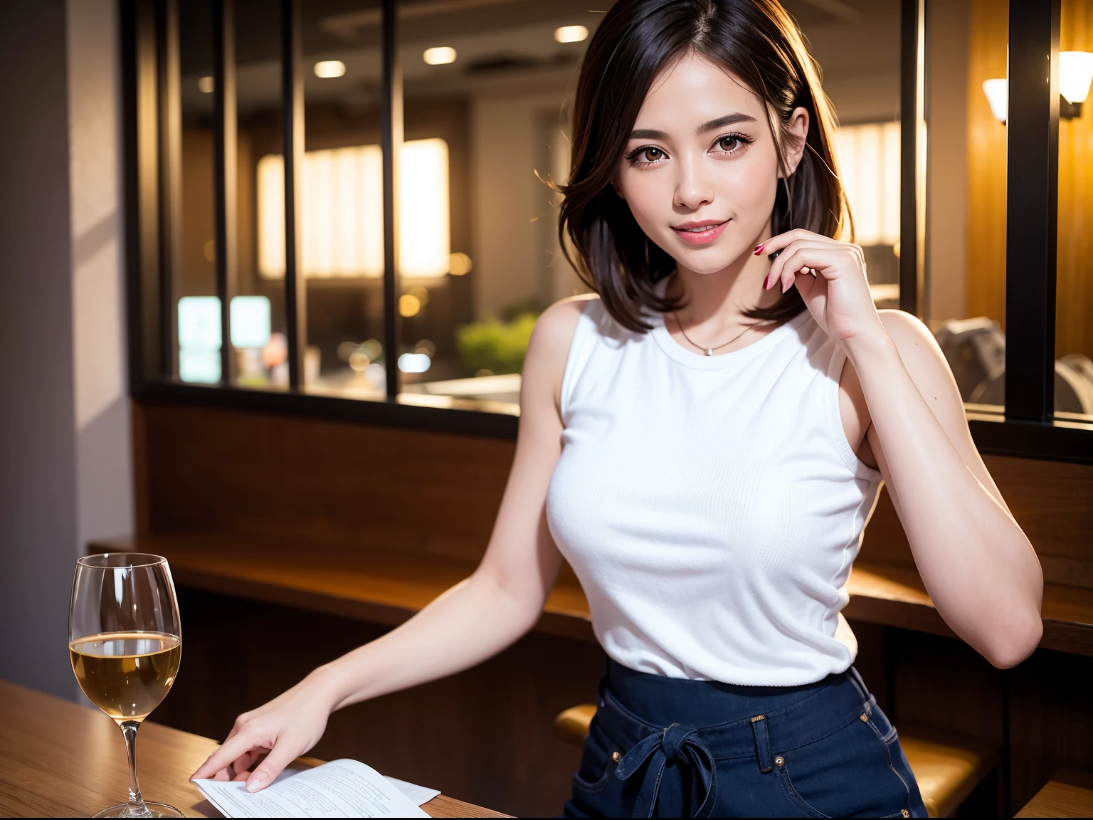 (64K, UHD, top quality, masterpiece: 1.2), (realistic, photorealistic: 1.37), super detailed, pretty woman 1, (slim face), (slim body), (brown hair), (short cut), cheeks slightly blushing, (40 years old), 38 years old, solo, beautiful detailed urban night view outside the window, restaurant, wine glass sitting, at night, in a prominent place (from the waist up) NovaFrogStyle, Actress, Model, Waist Up, White Wine, Slim, Wine Glass, Super Clean Night View, Wine Glass Put in the Middle, Happy Smile, (Smile: 1.15), Beautiful Fine Eyes, Upper Body, Bust Japan Up, Night, Short, Short, Actress, Model, Waist Up, White Wine, Slim, Wine Glass, Super Clean Night View, Wine Glass Put in the Middle, Happy Smile,
