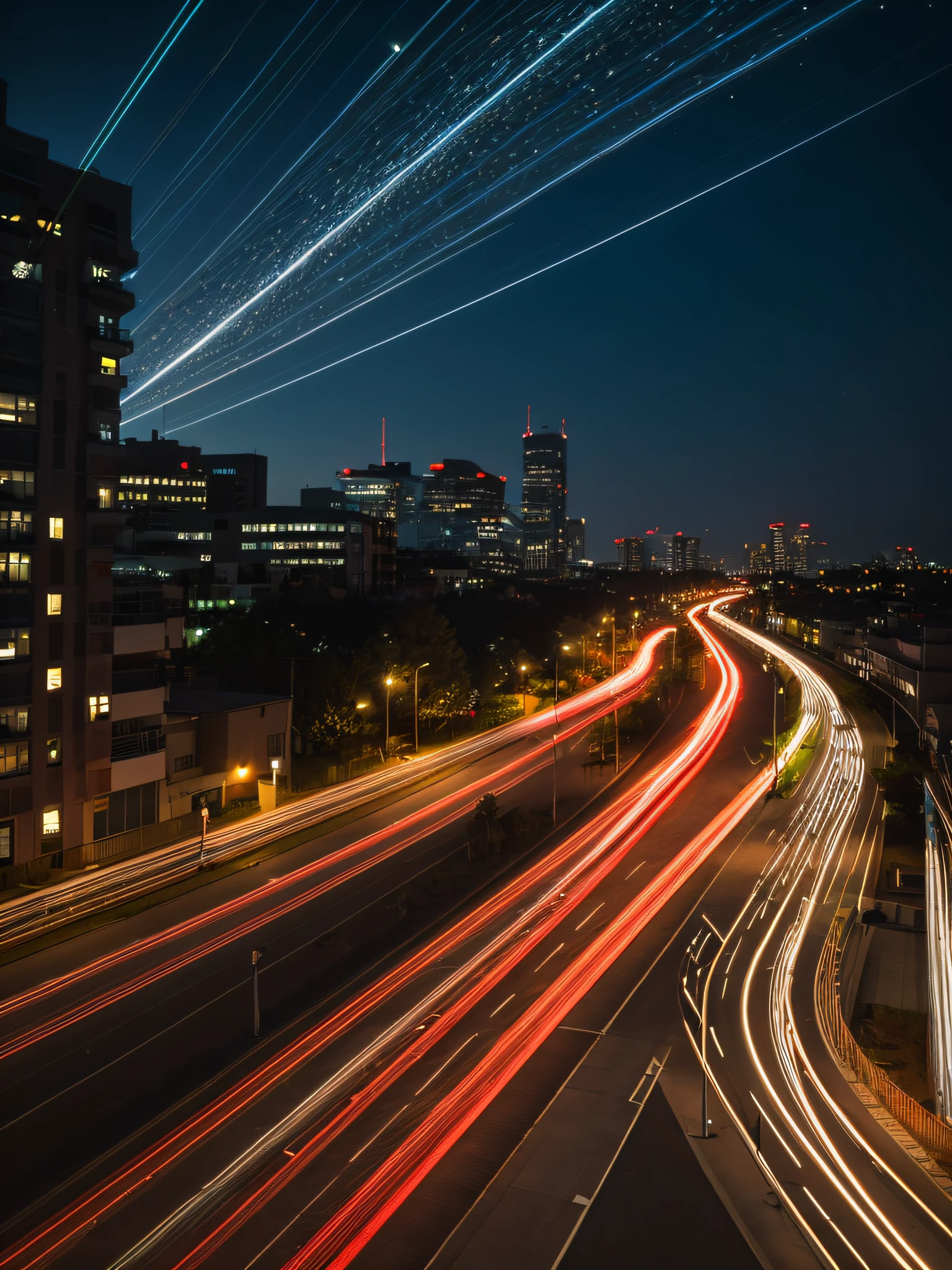 (light trail photography:1.3), (car taillights), many tail light lines, (tail light line art), winding Urban road:1.3, camera in manual mode, ND16 filter, F/8, ISO100, (150 seconds long exposure), Photographed from above, breathtakingly beautiful lights, complex, (Masterpiece), (Best Quality), (Ultra high Detailes), (Photorealistic:1.3)