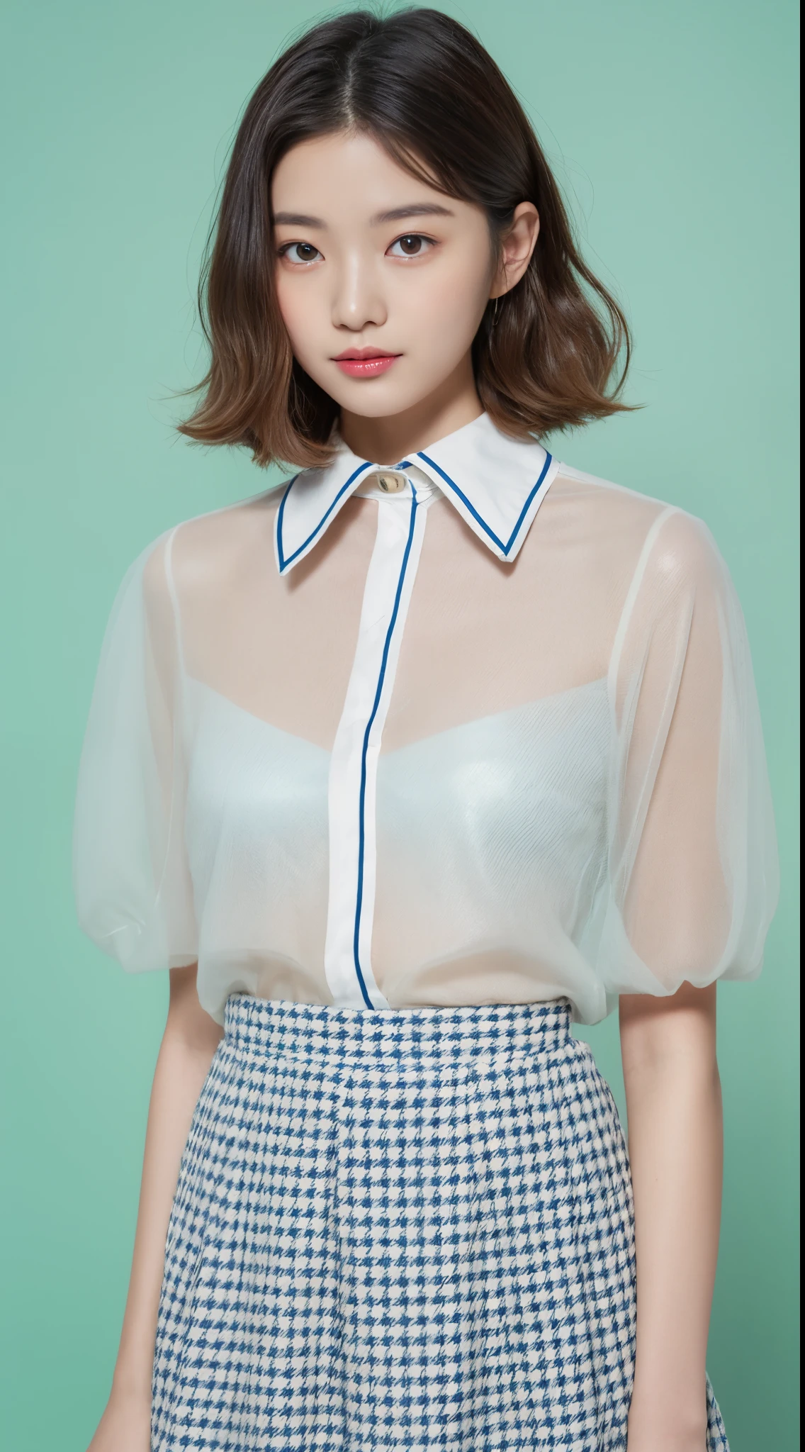 ulzzang -6500-v1.1, (Raw photo:1.2), (Photorealsitic),  (See-through:1.3), (Real:1.4), Raw photo、Beautiful Japan Woman, Nice perfect face with soft skin, Small face with rose-like nose and lips, Beautiful eyes, Beautiful smile. Black, Thin, long beautiful hair wrapped in a bright, ethereal shine. Gradient Highlight Greige Layer Loose Fluffy Medium Hairstyle, Navy Band Collar Shirt× Houndstooth Yellow Flared Skirt, Bright neon colorful background, Ultra realistic women pictures, A masterpiece of high quality and resolution 8K, realistic skin textures、shinny skin、Exposed thighs!!!