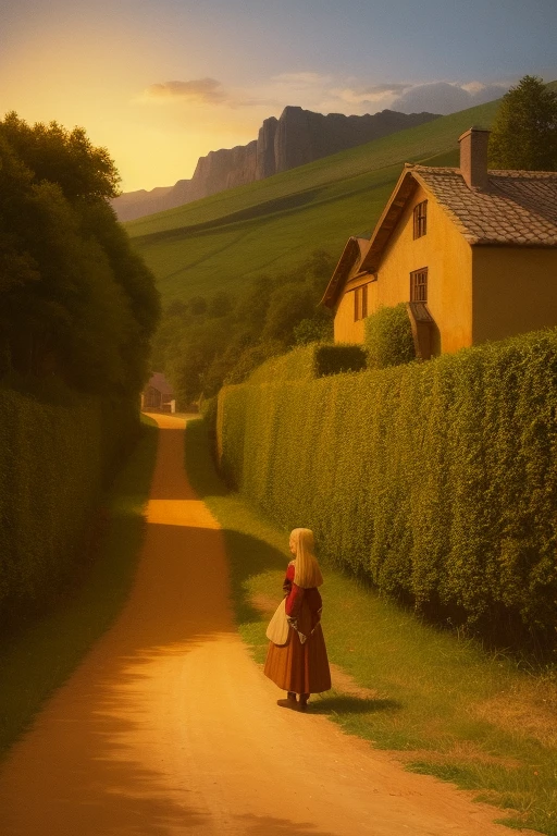 Road leading to a village in medieval Europe Reddish sunset wheat colored plant Rear view of blonde girl an oil painting