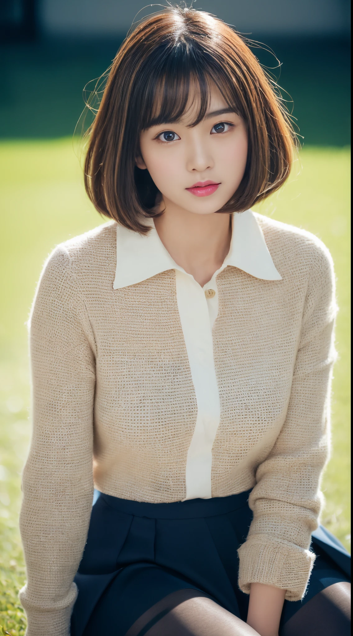 ulzzang -6500-v1.1, (Raw photo:1.2), (Photorealsitic), (See-through:1.3), (Real:1.4), (Ultra-realistic pantyhose:1.2), Beautiful Japan Woman, Nice perfect face with soft skin, Small face with rose-like nose and lips, Beautiful eyes, Beautiful smile. Black, Thin, long, beautiful hair wrapped brightly, ethereal glow. Gradient Highlight Greige Layer Loose Fluffy Medium Hairstyle, Navy Band Collar Shirt× Houndstooth Yellow Flared Skirt, Sitting on floor、expression of shame、Bright neon colorful background, Ultra realistic women pictures, A masterpiece of high quality and high resolution 8K, realistic skin textures、shinny skin、Exposed thighs!!!