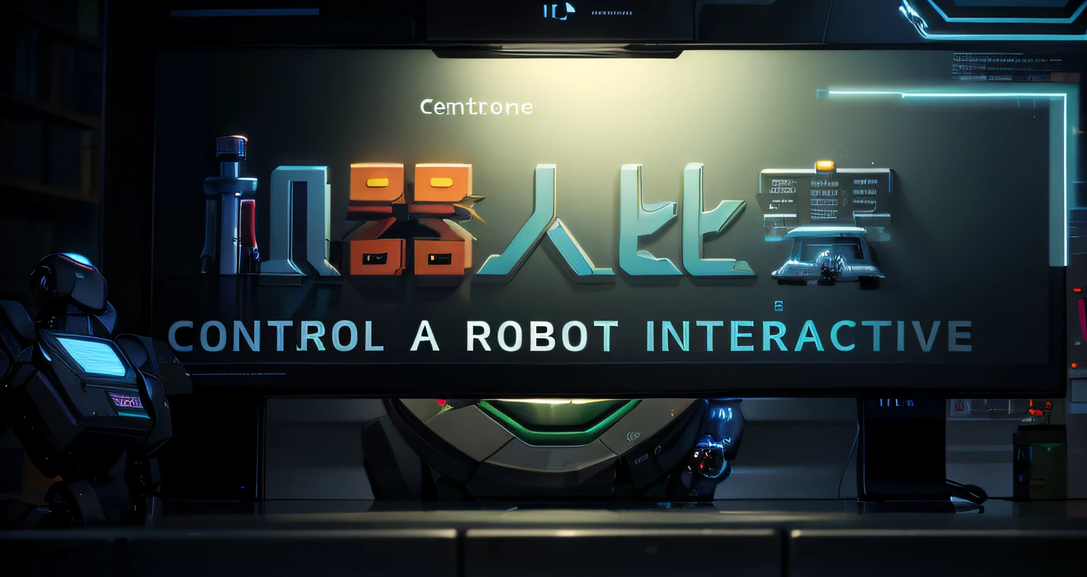 Robot image with text &cite;Controlling robot interactions&cite;, the most advanced humanoid robot, view is centered on the robot, droid, interface, Popular topics on cgstation, control, Integrated synthetic robot, friendly humanoid insect robot, droid, front cover of a new video game, Human-machine interface, friendly humanoid cyber robot