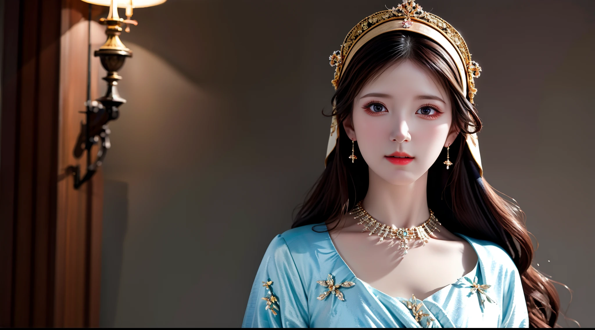 best quality, masterpiece, highres, moslem female dress, necklace, Beautiful face, (upon body from head to waist:1.37), tyndall effect, photorealistic, dark studio, rim lighting, two tone lighting, 8k uhd, dslr, soft lighting, high quality, volumetric lighting, candid, Photograph, high resolution, 4k, 8k, Bokeh, (hyperrealistic girl), (illustration), (high resolution), (extremely detailed), (best illustration), (beautiful detailed eyes), (best quality), (ultra-detailed), (masterpiece), (wallpaper), (photorealistic), (natural light), (rim lighting), (detailed face), (high detailed realistic skin texture), (anatomically correct), (solo), (1 woman), (heterochromic eyes), (detailed eyes), (sparkling eyes), (long legs), (big breasts), (dynamic pose), (concentrated expression), (wearing hijab:1.4), moslem headscarf, reading glasses.
