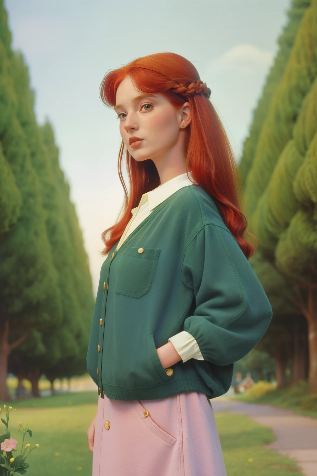 1997, Berkshire County, Massachusetts. Pre-raphaelite 45-year-old woman, redhead, visiting the whimsical village street, ((((casual Clothing from the 1990s)))), ((Hairstyle of the 1990s)), ((Wes Anderson cinematic style)), colorful