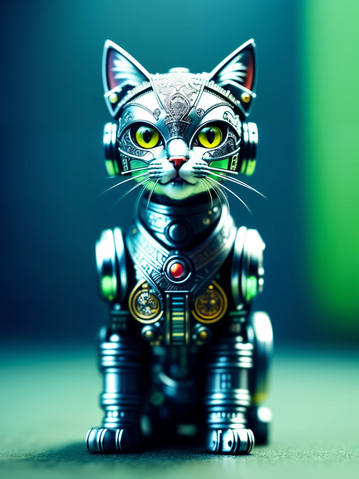 a cute kitten made out of metal, cyborg, cyberpunk style, ((intricate details)), hdr, ((intricate details, hyperdetailed)), cinematic shot, vignette,